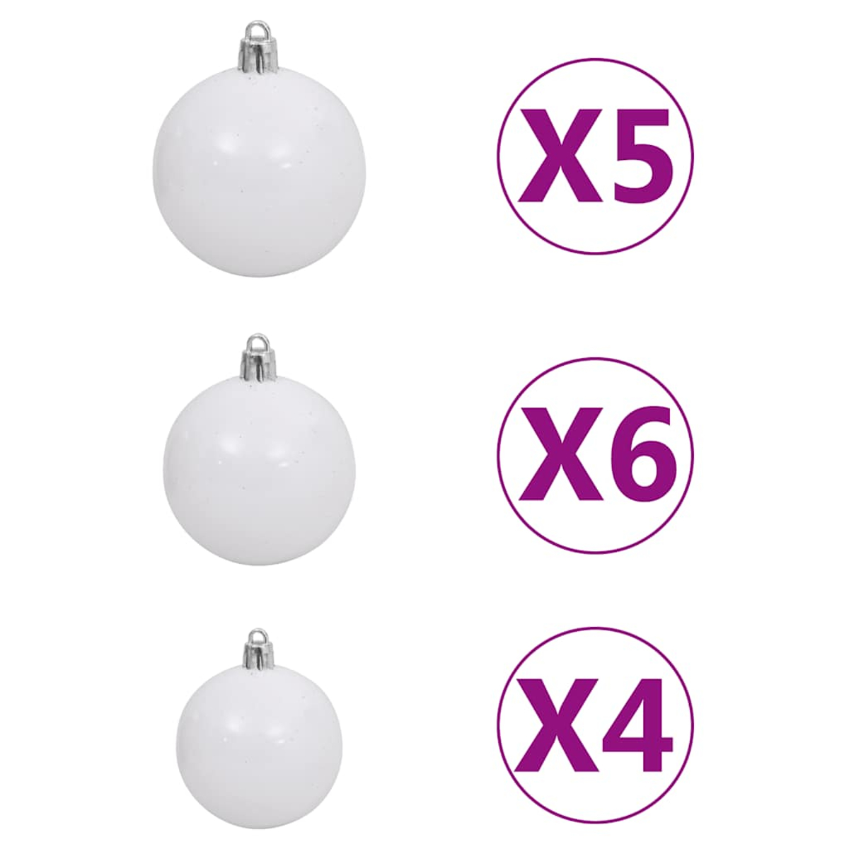 Drei weiße Weihnachtskugeln mit silbernen Aufsätzen. Lila Kreise zeigen Mengen: X5, X6 und X4, auf weißem Hintergrund.