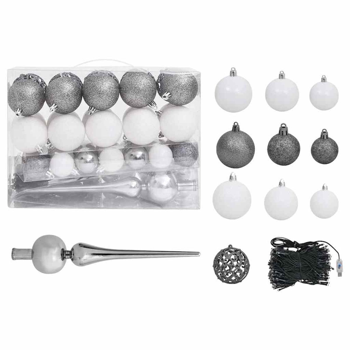 Weihnachtsschmuck: silber, weiß und glitzernd. Enthält einen Baumschmuck und Lichterketten. Verschiedene Größen und Stile sind vorhanden.