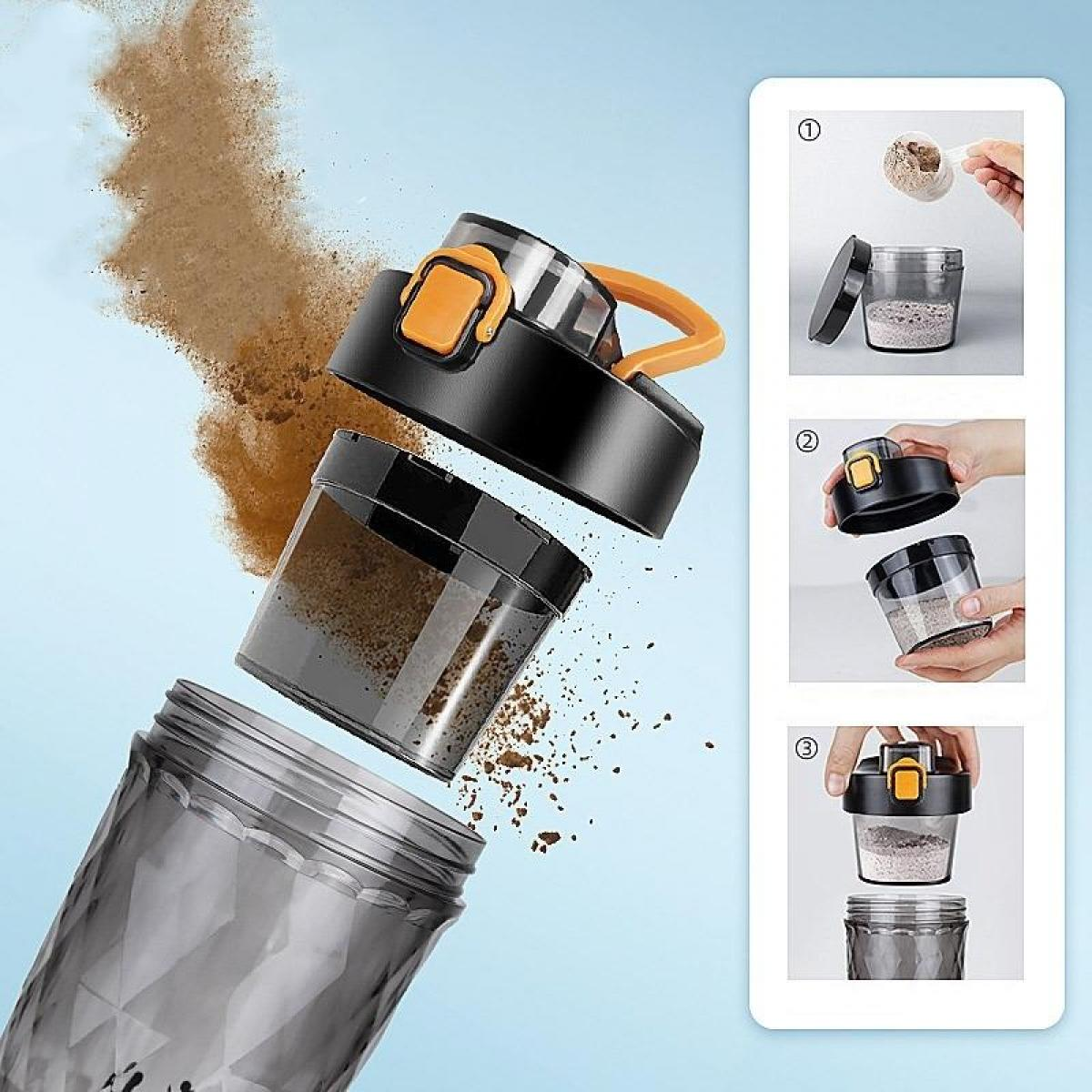 Zerlegter Shaker, Pulver verschüttet. Schritte zeigen Befüllung und Montage. Schwarz, Orange und Grau dominieren auf blauem Hintergrund.
