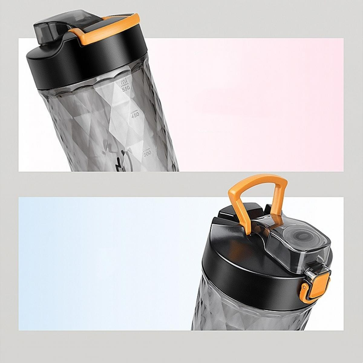 Zwei Abschnitte einer Wasserflasche. Einer zeigt die Oberseite mit einem orangefarbenen Griff, der andere die Flasche mit Messungen.