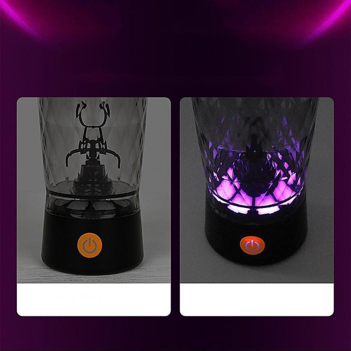 Zwei schwarze Geräte mit transparenten Oberteilen. Eines zeigt den Innenmechanismus, das andere violettes Licht.