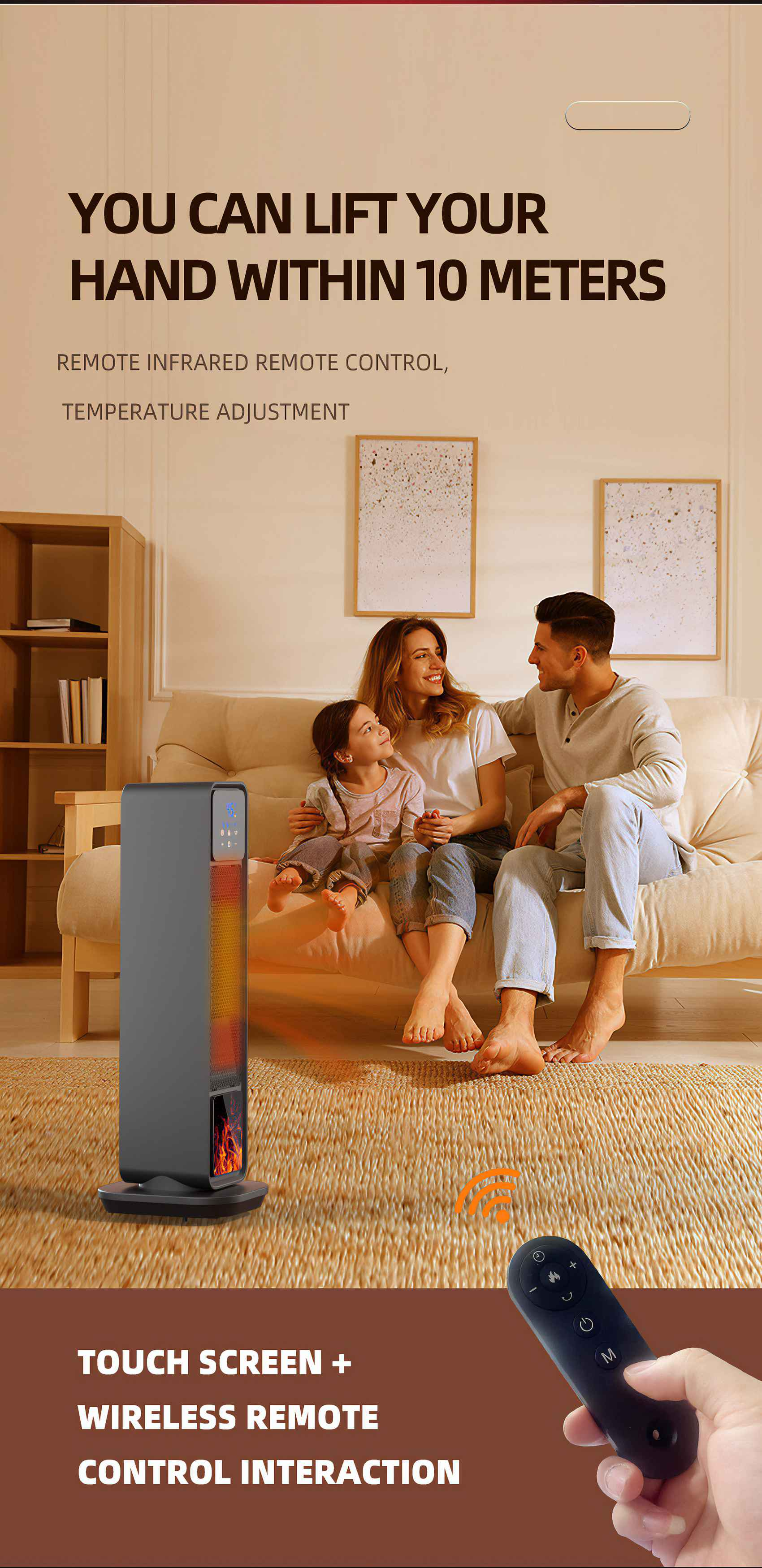 Eine Familie sitzt in der Nähe einer Heizung. Die Heizung hat einen Touchscreen und wird per Fernbedienung gesteuert. Text: 'Sie können Ihre Hand innerhalb von 10 Metern heben'.