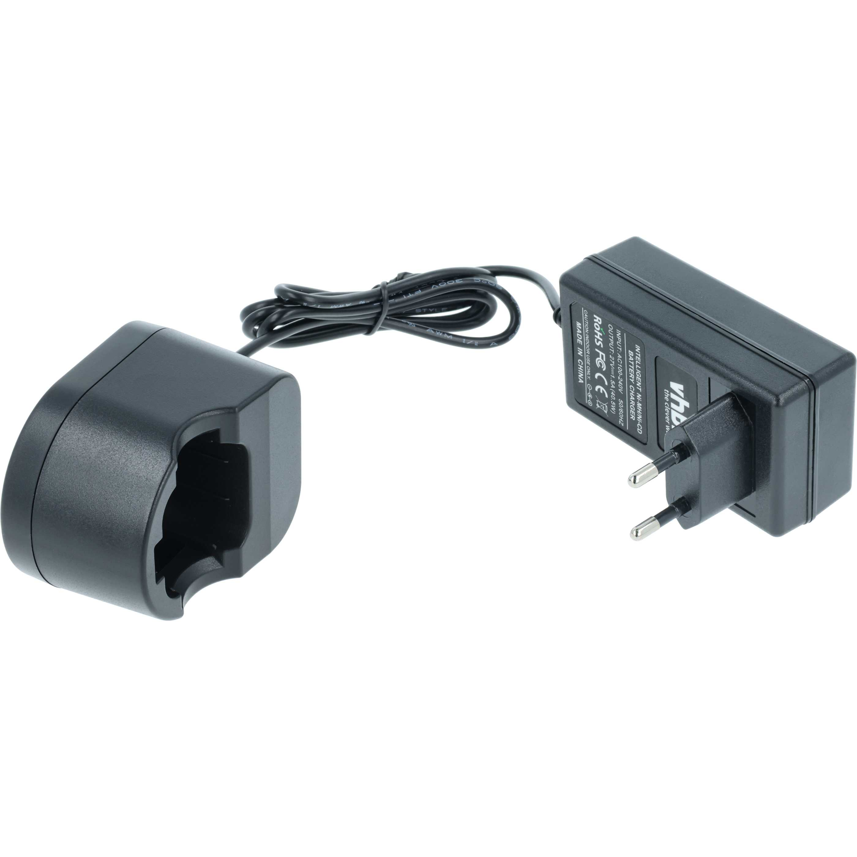 Ein schwarzes Batterieladegerät und eine Ladestation, verbunden durch ein schwarzes Kabel, auf weißem Hintergrund.