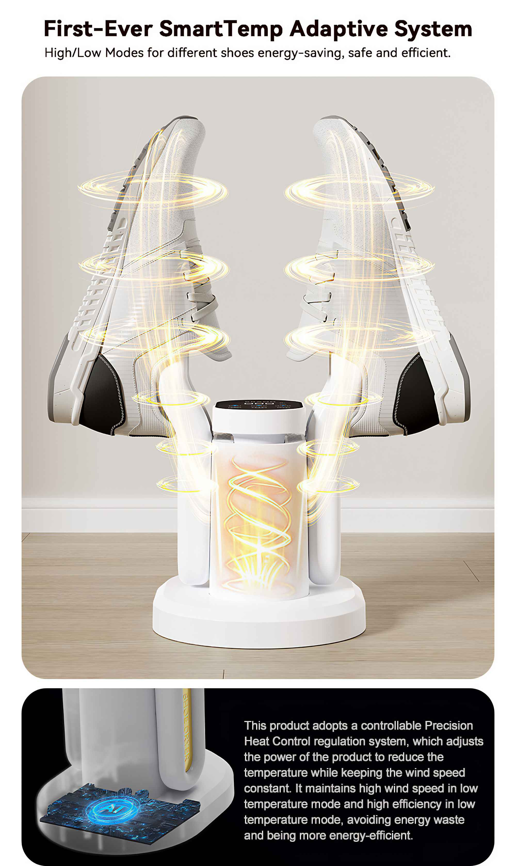 Ein Schuhtrockner mit zwei weißen Turnschuhen. Es verwendet ein intelligentes System mit Energiesparfunktionen. Der Hintergrund ist ein heller Holzboden.
