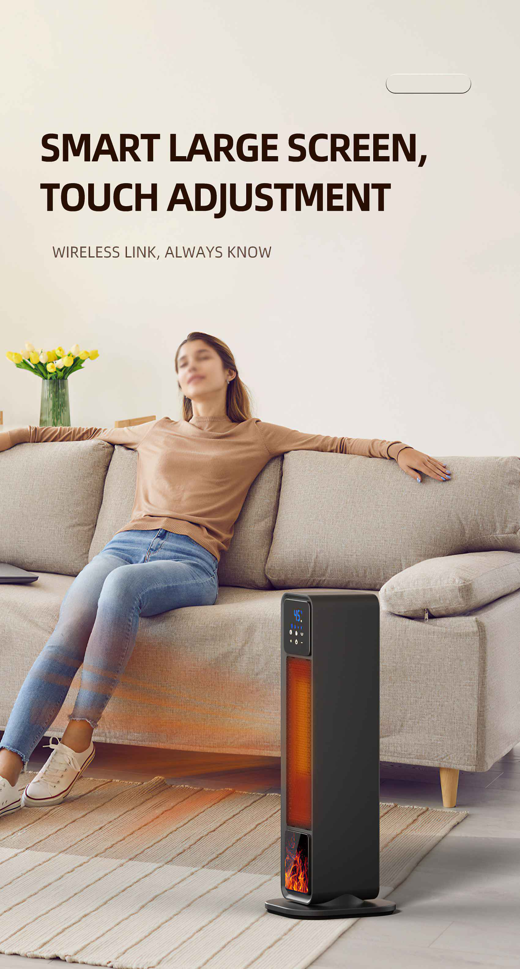Eine Frau entspannt sich auf einer Couch in der Nähe eines schwarzen Heizgeräts. Die Szene umfasst eine Vase mit gelben Blumen und einen gemusterten Teppich.
