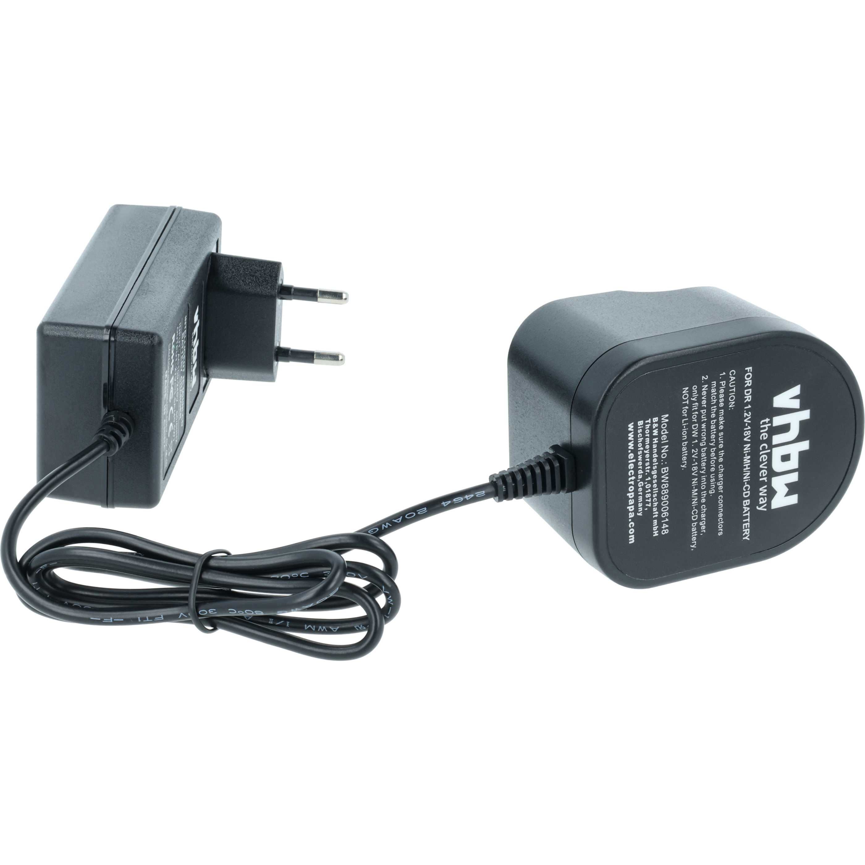 Schwarzes Ladegerät mit Stecker und angeschlossener Ladeeinheit, beide mit Textetiketten, auf weißem Hintergrund.