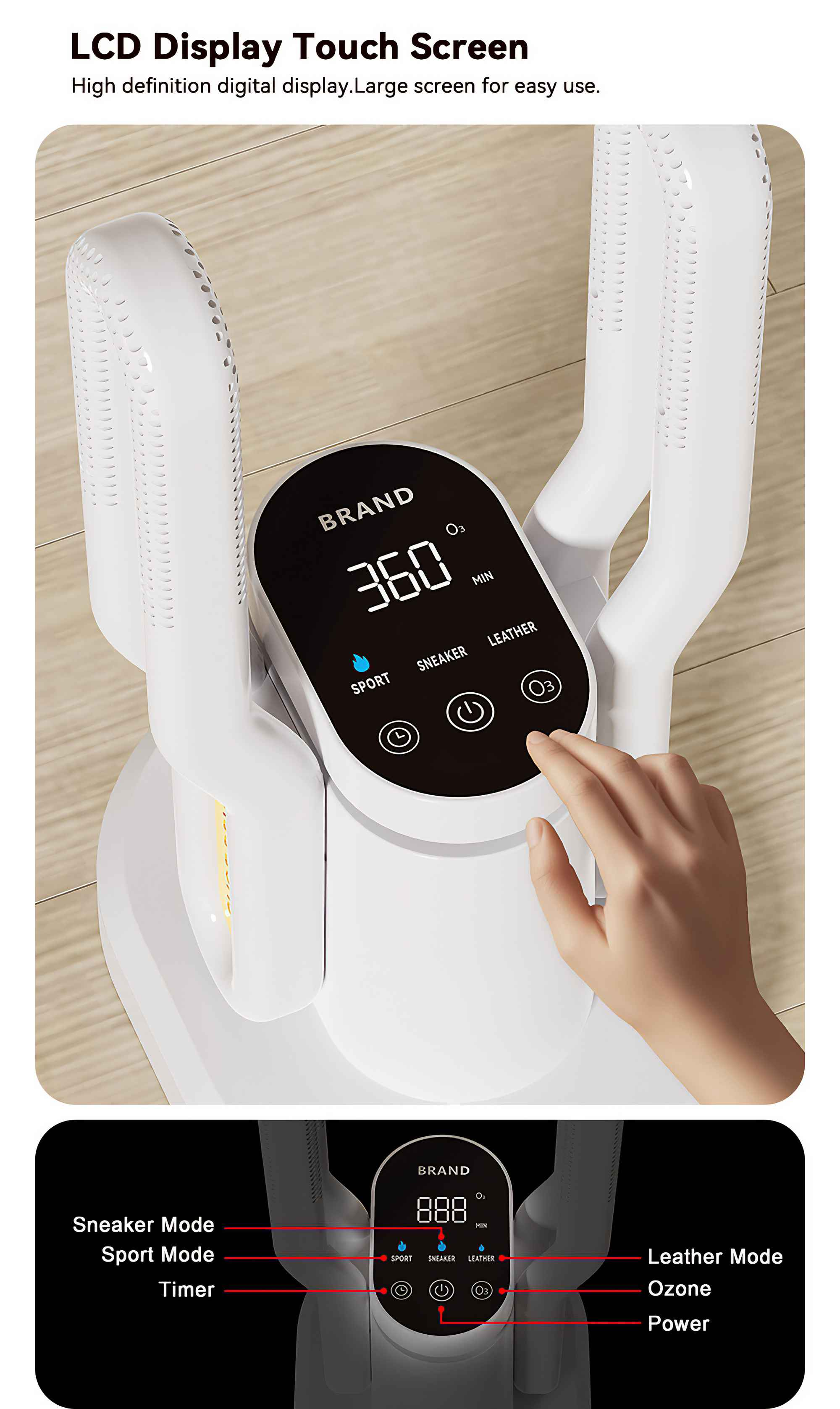 Ein weißer Schuhtrockner mit Digitalanzeige. Eine Hand berührt das Display. Das Display zeigt Zeit- und Modusoptionen.