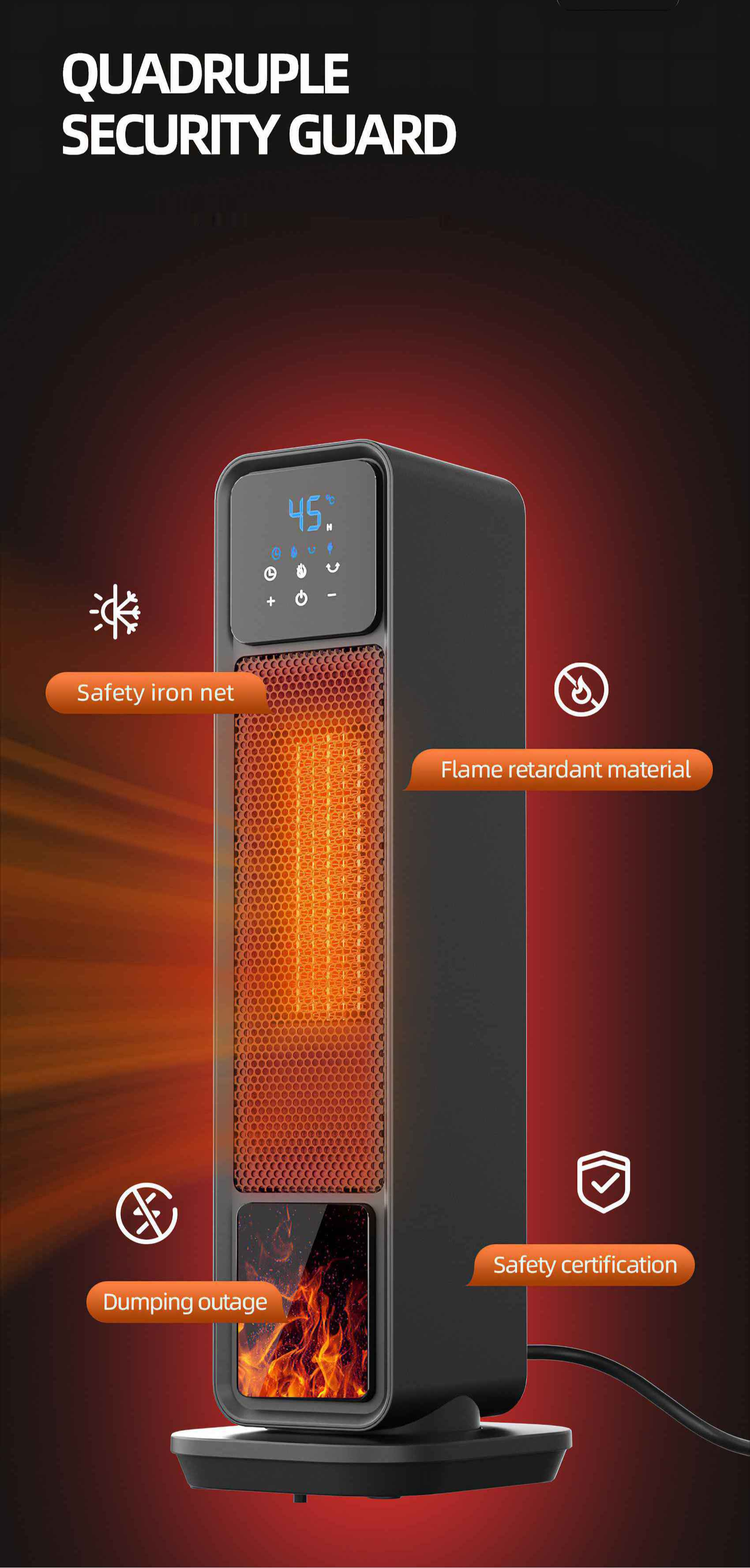 Schwarze elektrische Heizung mit Digitalanzeige, die 45 Grad anzeigt. Sie hat ein Sicherheits-Eisengitter und schwer entflammbares Material.