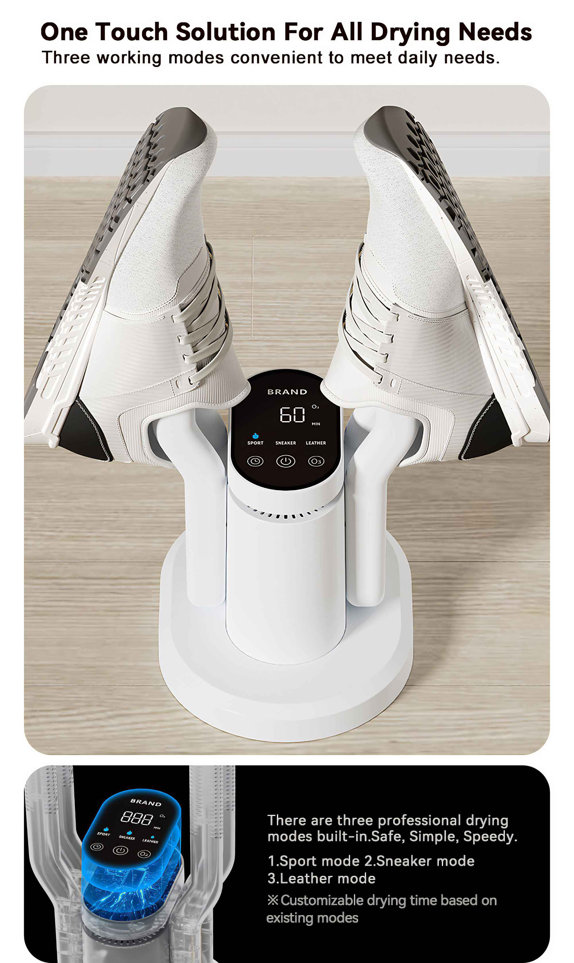 Schuhtrockner mit weißen Turnschuhen. Es hat drei Trocknungsmodi. Der Trockner zeigt Zeit und Modusauswahl auf einem Bildschirm an.