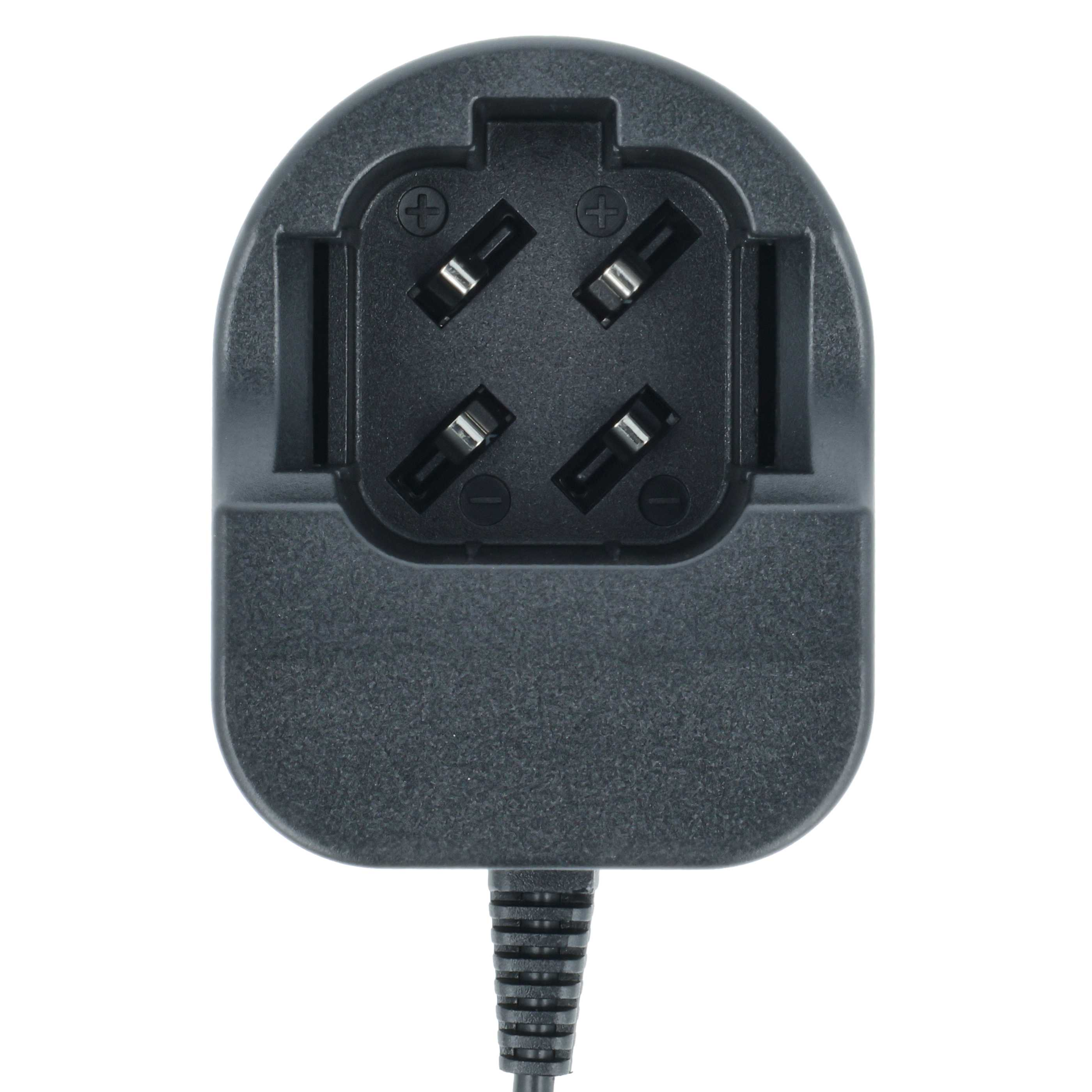 Ein schwarzer Netzadapter. Er hat vier Stifte und ein geripptes Kabel.