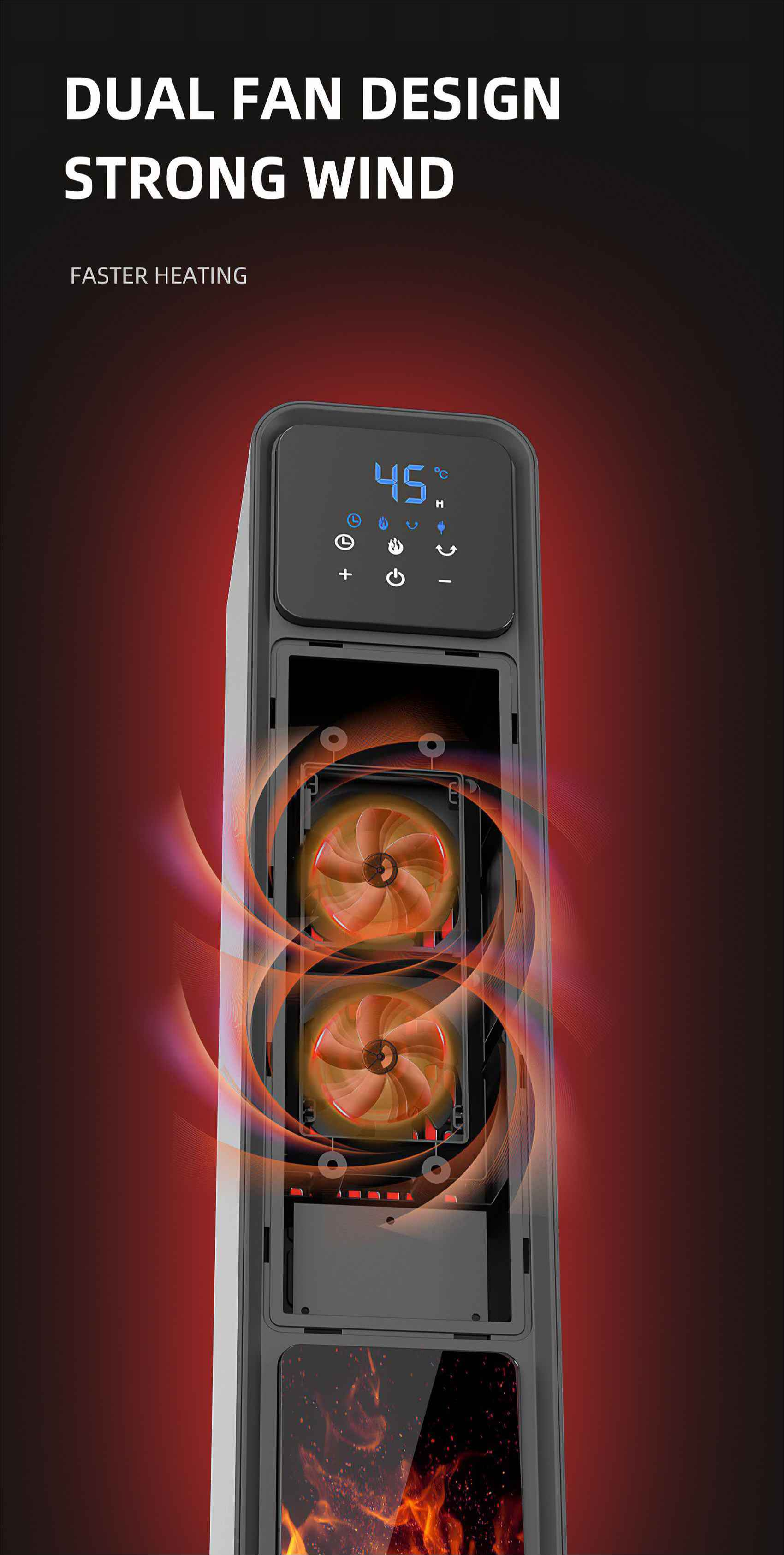 Ein schwarzes und graues Heizgerät mit zwei sichtbaren Lüftern. Es hat ein digitales Display mit 45 Grad. Rote und orangefarbene Akzente.