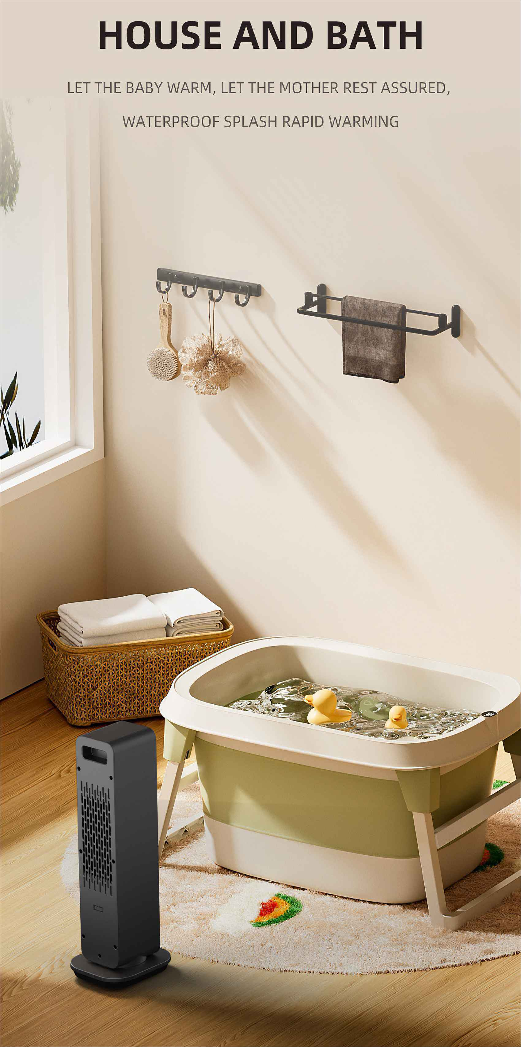 Eine Babybadewanne mit Wanne, Heizung, Handtüchern und Gummienten. Der Raum hat eine neutrale Farbpalette.