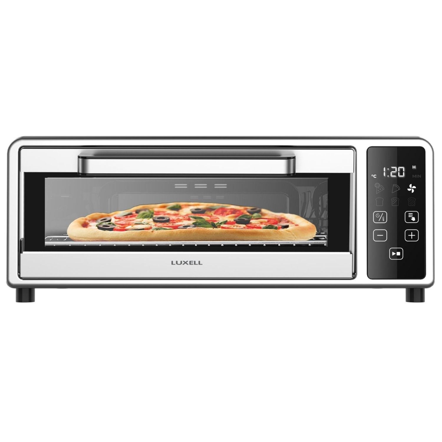 Bir Luxell fırında pizza pişiyor. Fırın gümüş ve siyahtır, zamanı ve ayarları gösteren dijital bir ekranı vardır.