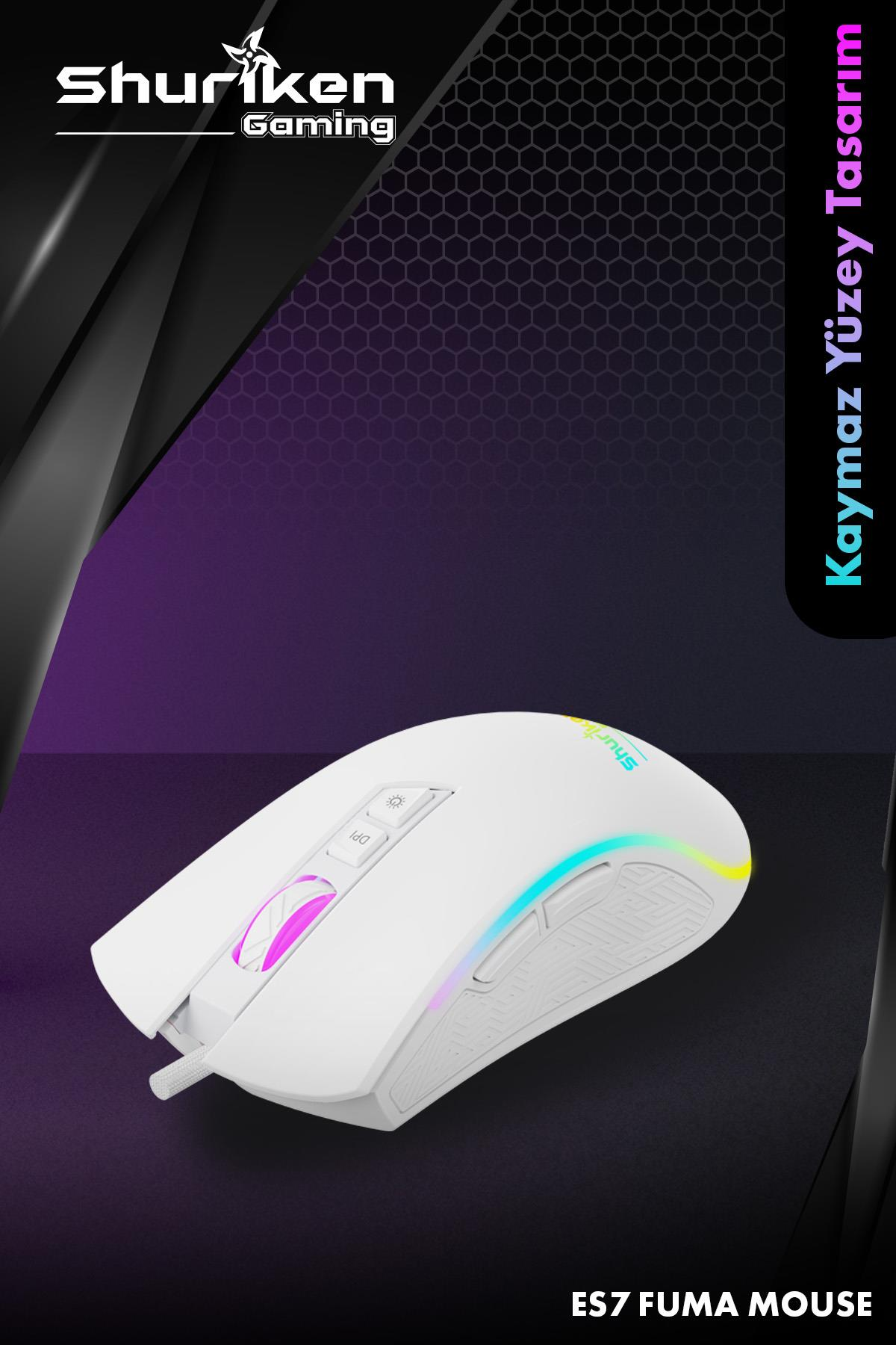 SHURIKEN GAMING ES7 FUMA RGB 4800DPI Gaming Makrolu USB Oyuncu Mouse Beyaz