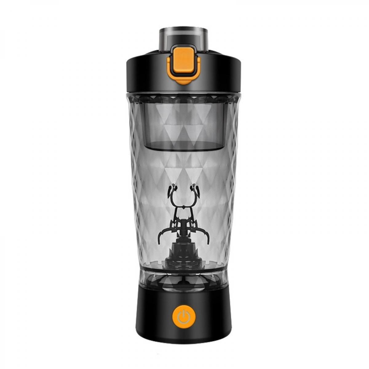 Ein schwarzer und transparenter Mixer mit orangefarbenen Knöpfen und Akzenten. Er hat ein geometrisches Design und einen schwarzen Deckel.