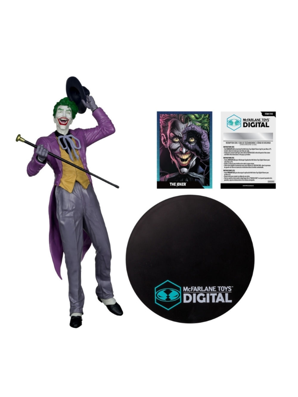 Yeşil saçlı, mor ceketli, bastonlu ve şapkalı Joker aksiyon figürü. Diğer öğeler arasında kartlar ve siyah bir taban yer alır.