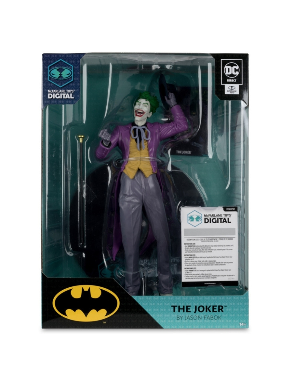 Ambalajında Joker aksiyon figürü. Mor bir palto, sarı yelek ve gri pantolon giyiyor. Bir şapka ve baston tutuyor.