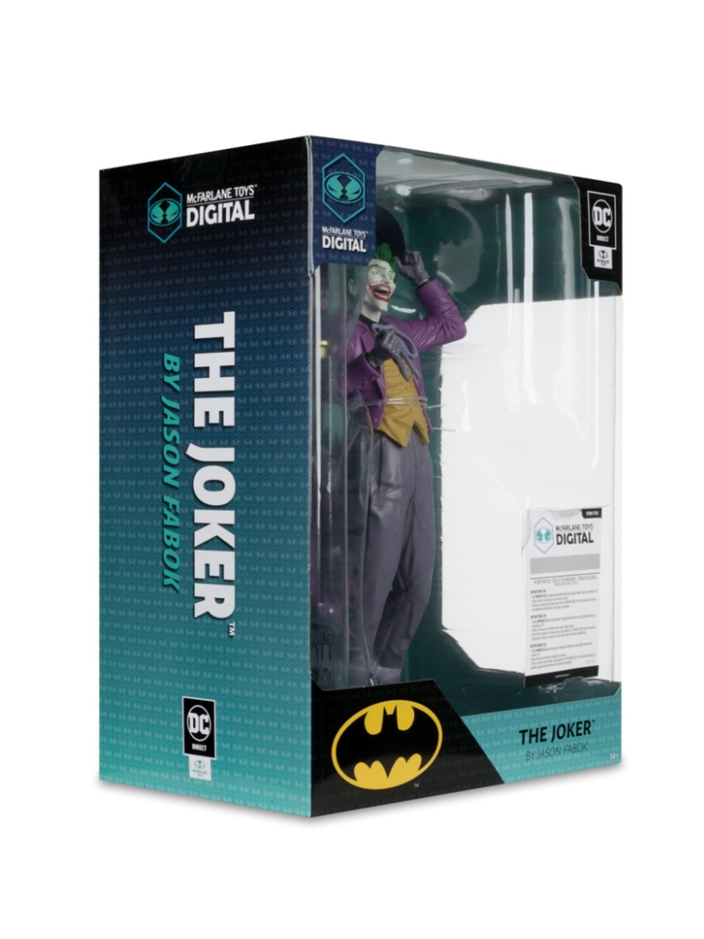 Kutuda Joker aksiyon figürü. Mor bir takım elbise giyiyor ve yeşil saçları var. Kutuda Batman logosu var.