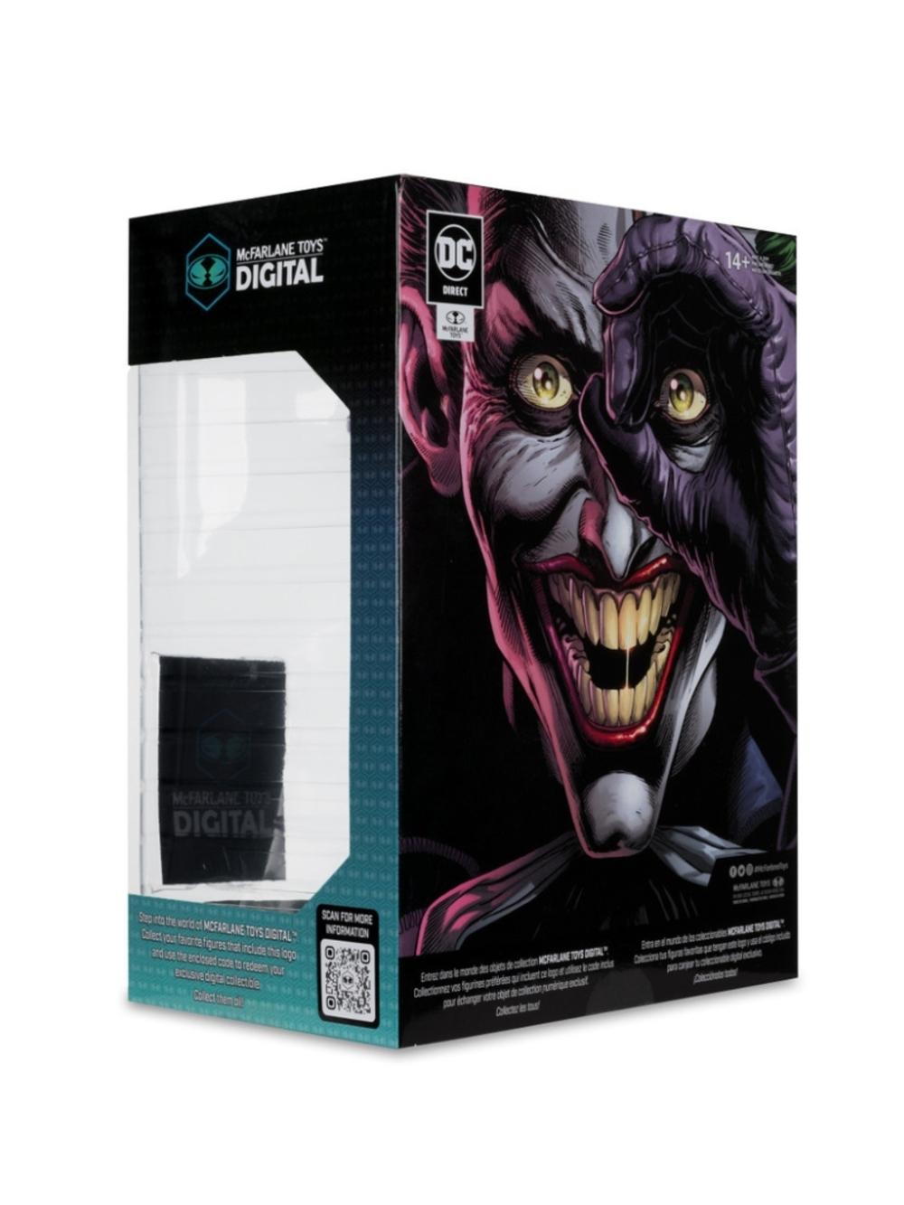 Kutu çalışması, Joker'in yüzünü gösteriyor, eldivenli bir el tarafından yarı örtülmüş. Kutu, DC Comics ve McFarlane Toys logolarını içerir.