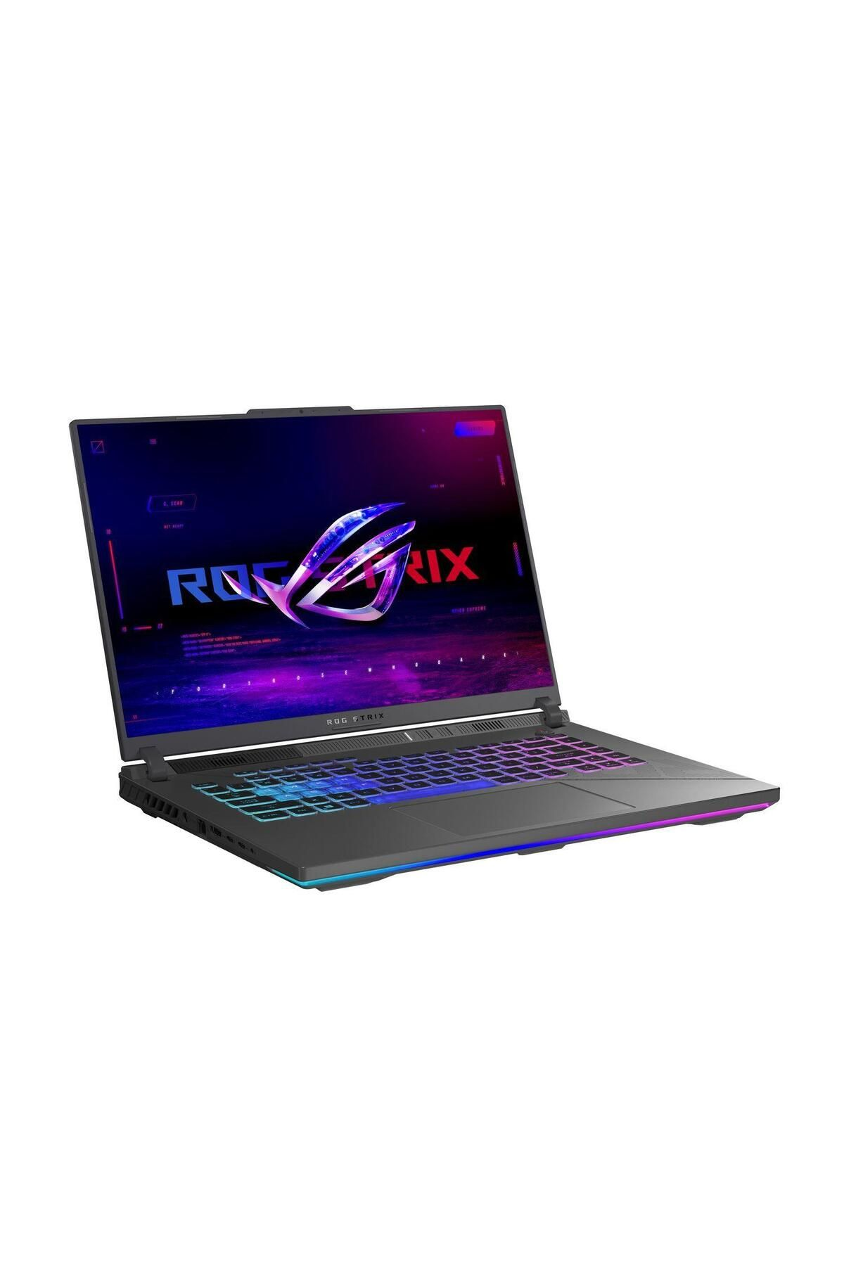 Siyah bir ROG Strix dizüstü bilgisayar açık. Ekran ROG Strix logosunu gösteriyor. Klavye çok renkli aydınlatmaya sahip.