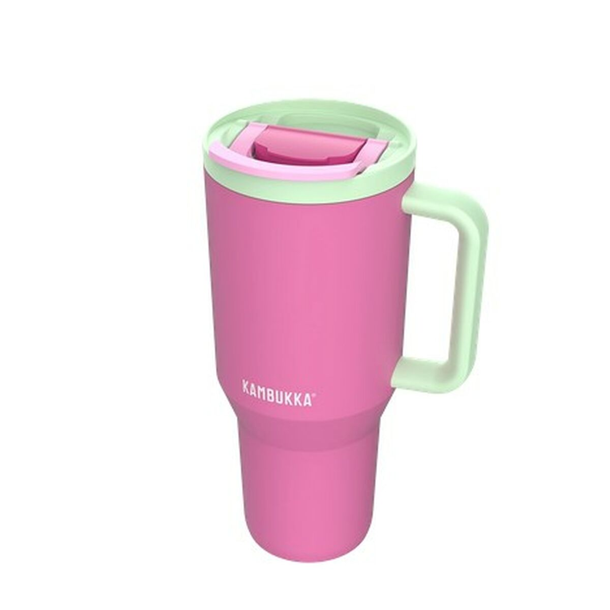 Rosa Kambukka-Becher mit grünen Akzenten und Griff. Der Deckel ist ebenfalls grün und rosa.
