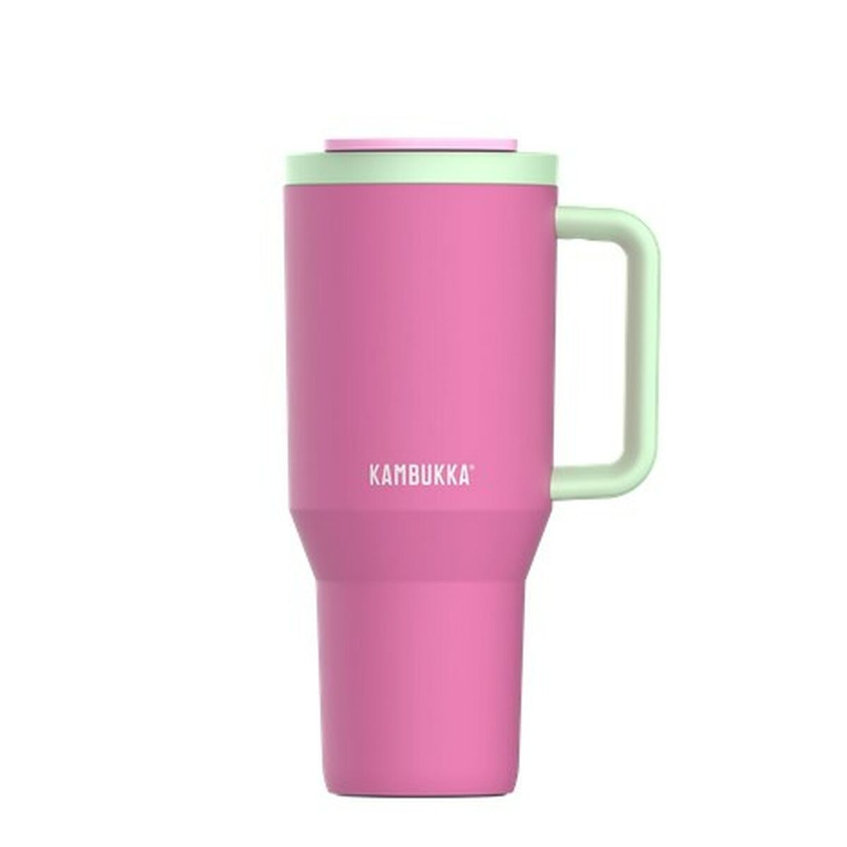 Ein pinkfarbener Kambukka-Becher mit mintgrünen Akzenten an Deckel, Henkel und Oberteil. Er steht vor einem weißen Hintergrund.