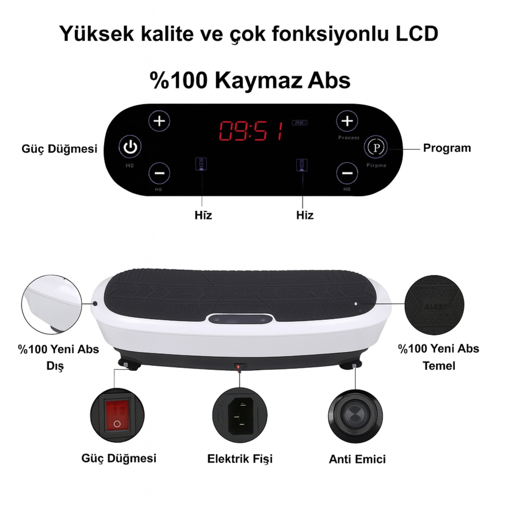 09:51 gösteren dijital ekrana sahip beyaz ve siyah bir fitness makinesi. Türkçe düğmeler ve etiketler içerir.