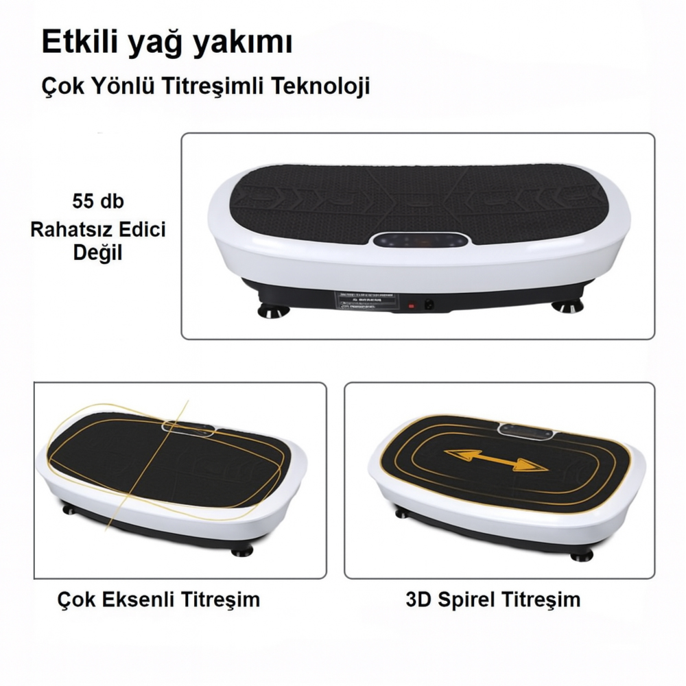 Görsel, yağ yakımı hakkında metin içeren bir titreşim plakası gösteriyor. Üç farklı model gösteriliyor. Türkçe metin.