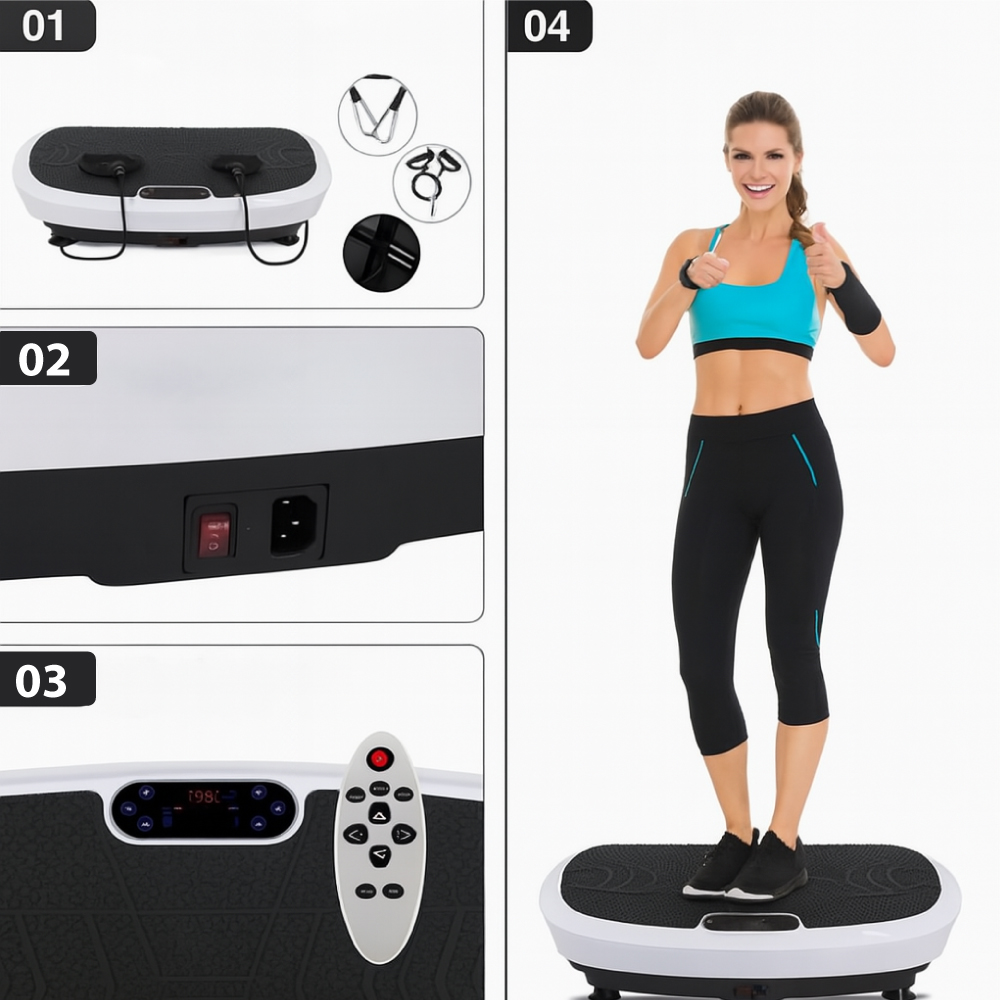Titreşim platformunda duran bir kadın. Spor sütyeni ve tayt giyiyor. Uzaktan kumanda ve platform detayları da gösteriliyor.