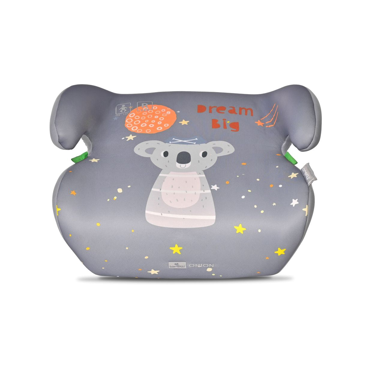Ein grauer Autositz mit Koala-Motiv. Er hat eine Koala-Illustration und die Worte 'Dream Big'. Sterne und ein Mond sind ebenfalls abgebildet.