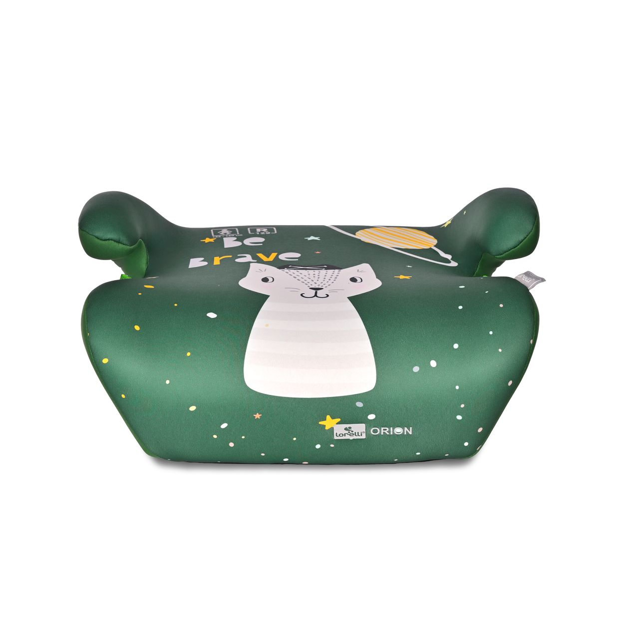 Ein grüner Kindersitz mit Katzendesign und den Worten "Be Brave". Er hat Armlehnen und einen weißen Hintergrund.