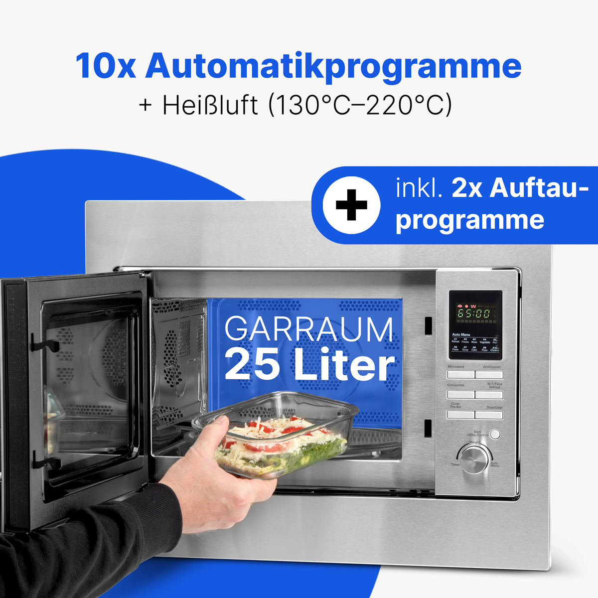Eine Hand legt Essen in eine Mikrowelle. Die Mikrowelle hat ein digitales Display und Knöpfe. Text beinhaltet '10x Automatikprogramme'.