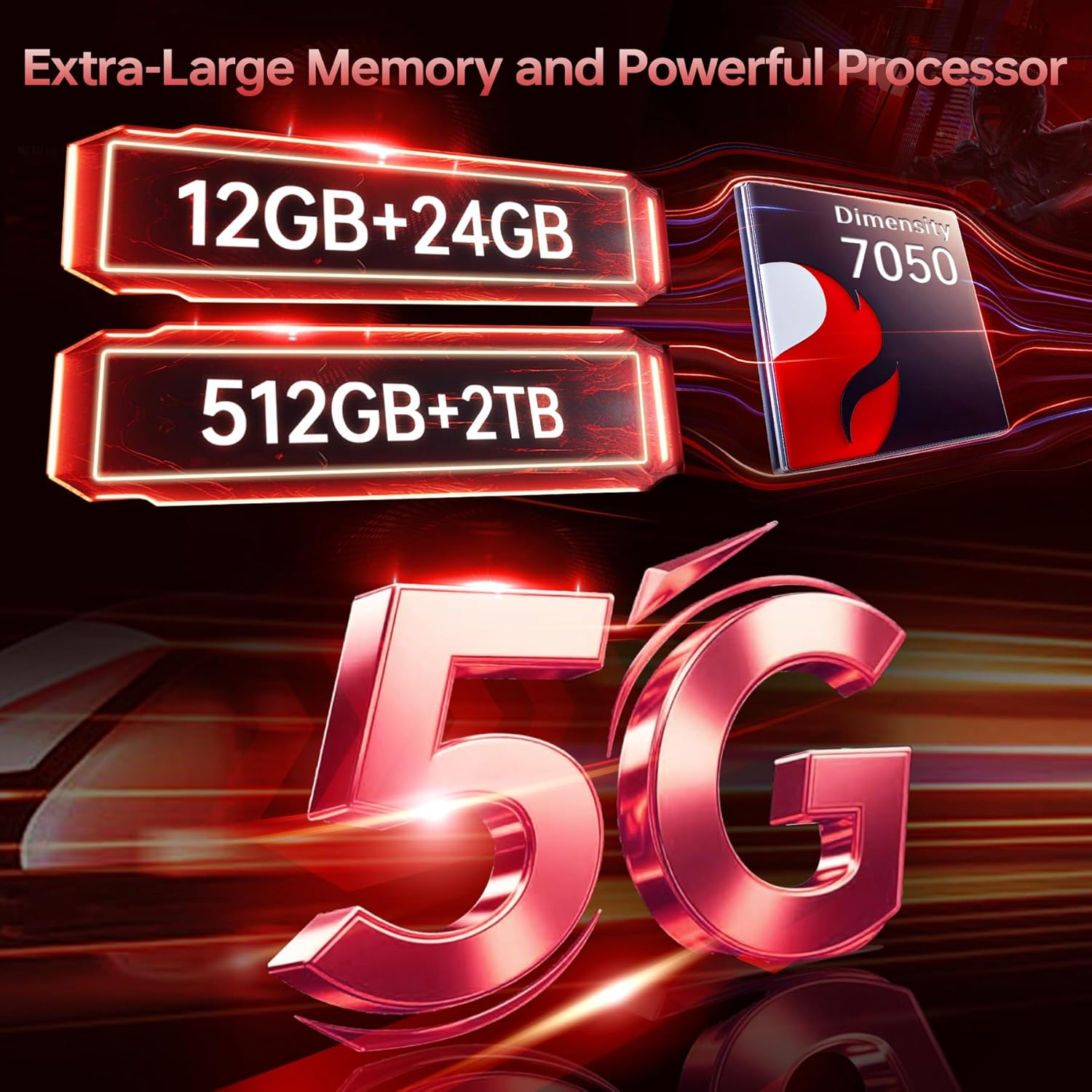 Bild mit Speicher- und Prozessor-Spezifikationen: 12GB+24GB, 512GB+2TB und Dimensity 7050. Große 5G-Symbol.