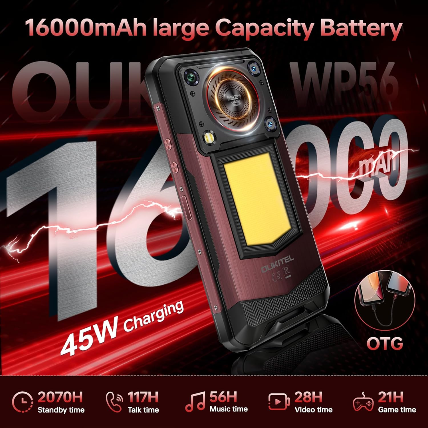 Robustes Smartphone mit großem Akku und 45W-Laden. Funktionen umfassen Standby-, Gesprächs-, Musik-, Video- und Spielzeiten. OTG-Funktion ebenfalls vorhanden.