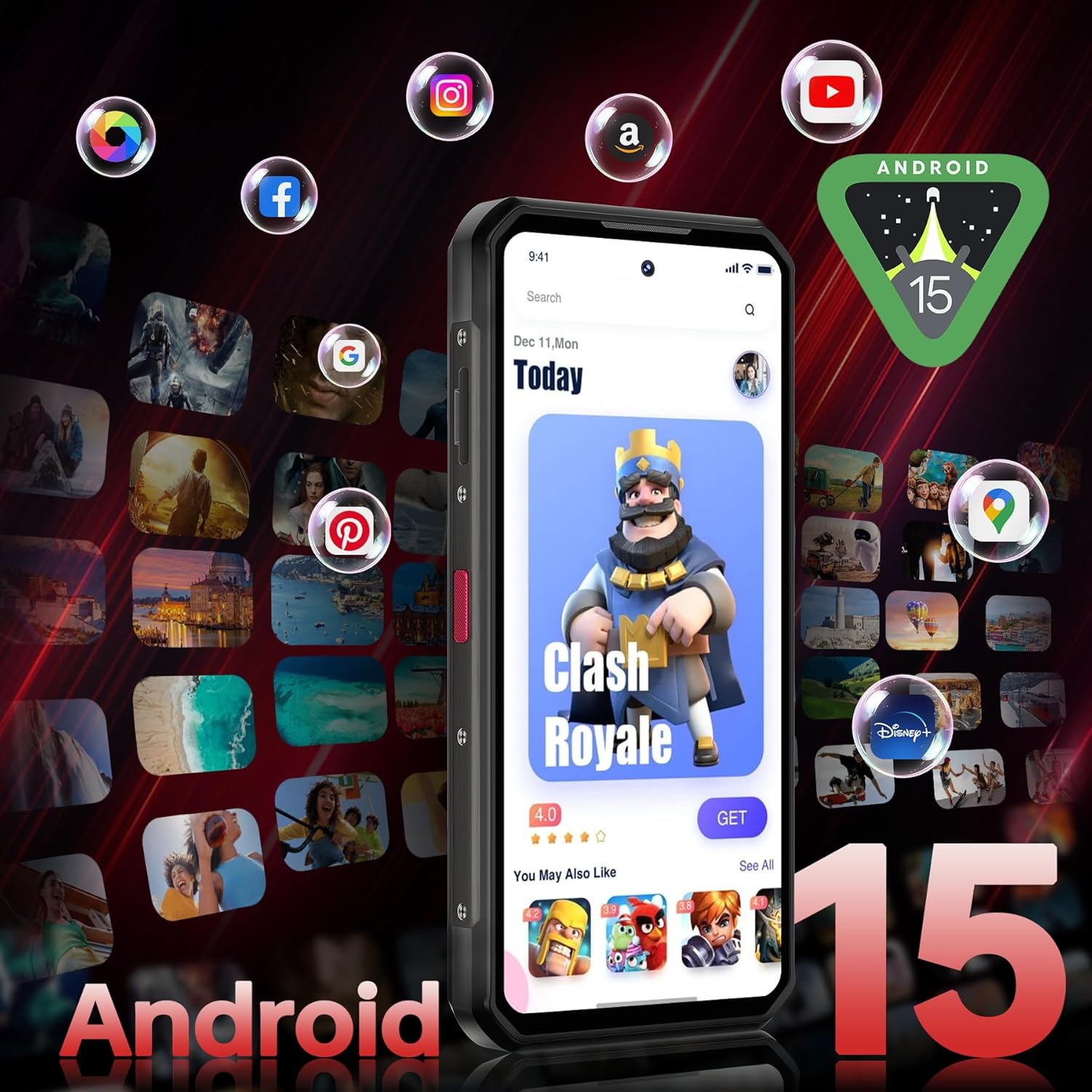 Ein Telefon zeigt Clash Royale. App-Symbole schweben darum. Android 15 Logo rechts. Das Telefon ist schwarz.