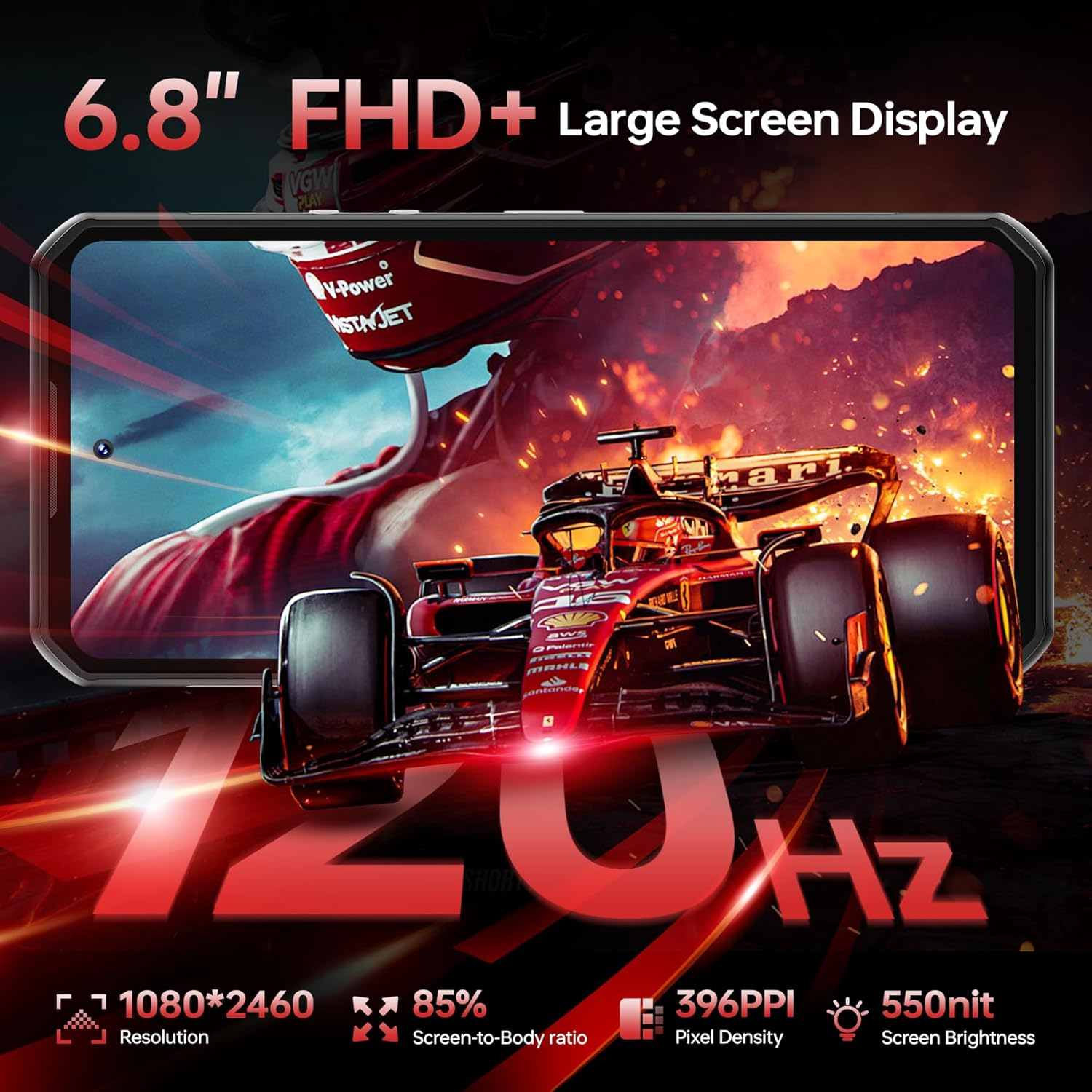 Ein Telefonbildschirm zeigt ein rotes Rennauto. Technische Daten: 6,8" FHD+, 120 Hz, 1080*2460 Auflösung, 85 % Bildschirmverhältnis, 396 PPI, 550 Nit Helligkeit.
