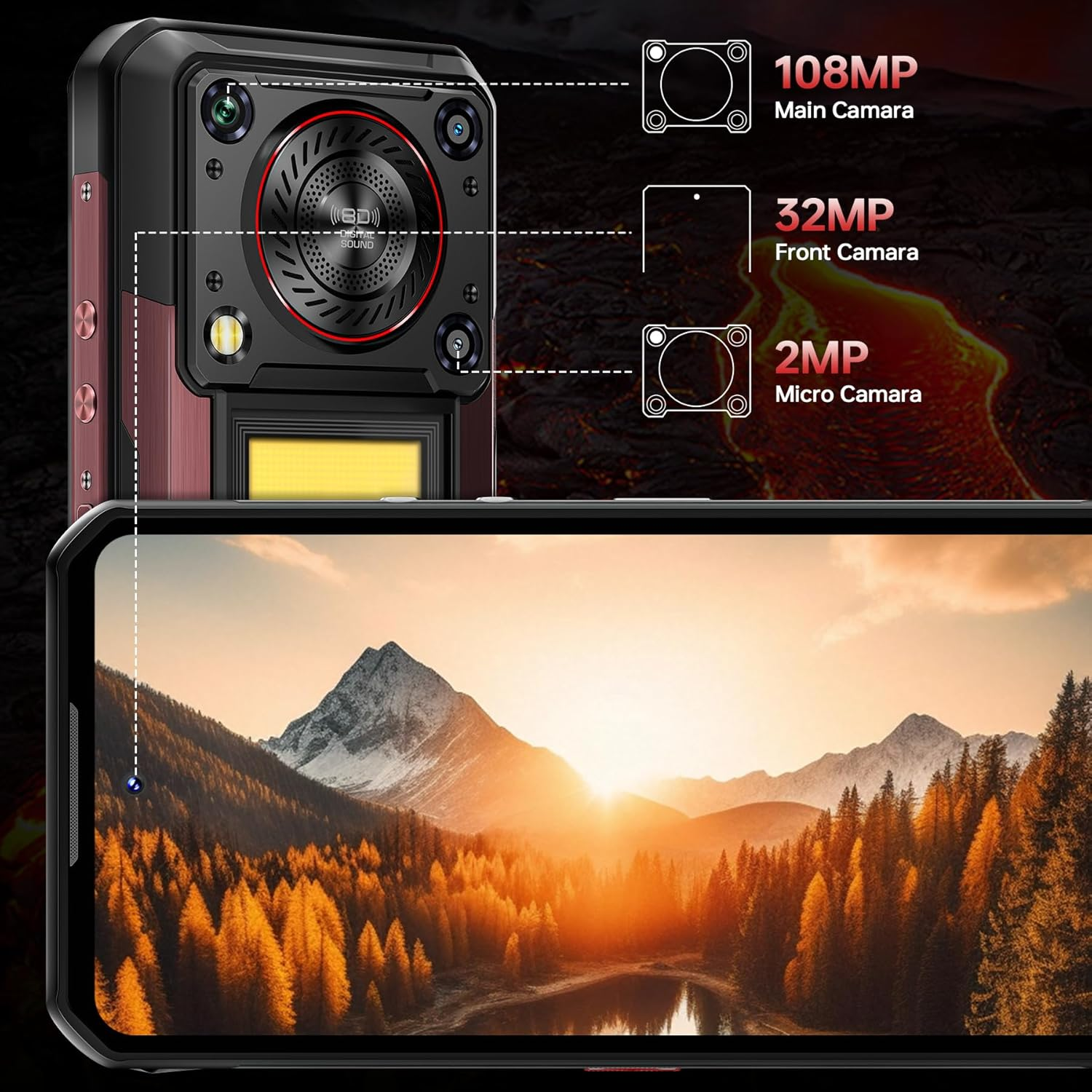 Robustes Smartphone mit Kameradetails, einschließlich 108MP Haupt-, 32MP Front- und 2MP Mikrokameras. Bildschirm zeigt Landschaft mit Bergen und Bäumen.