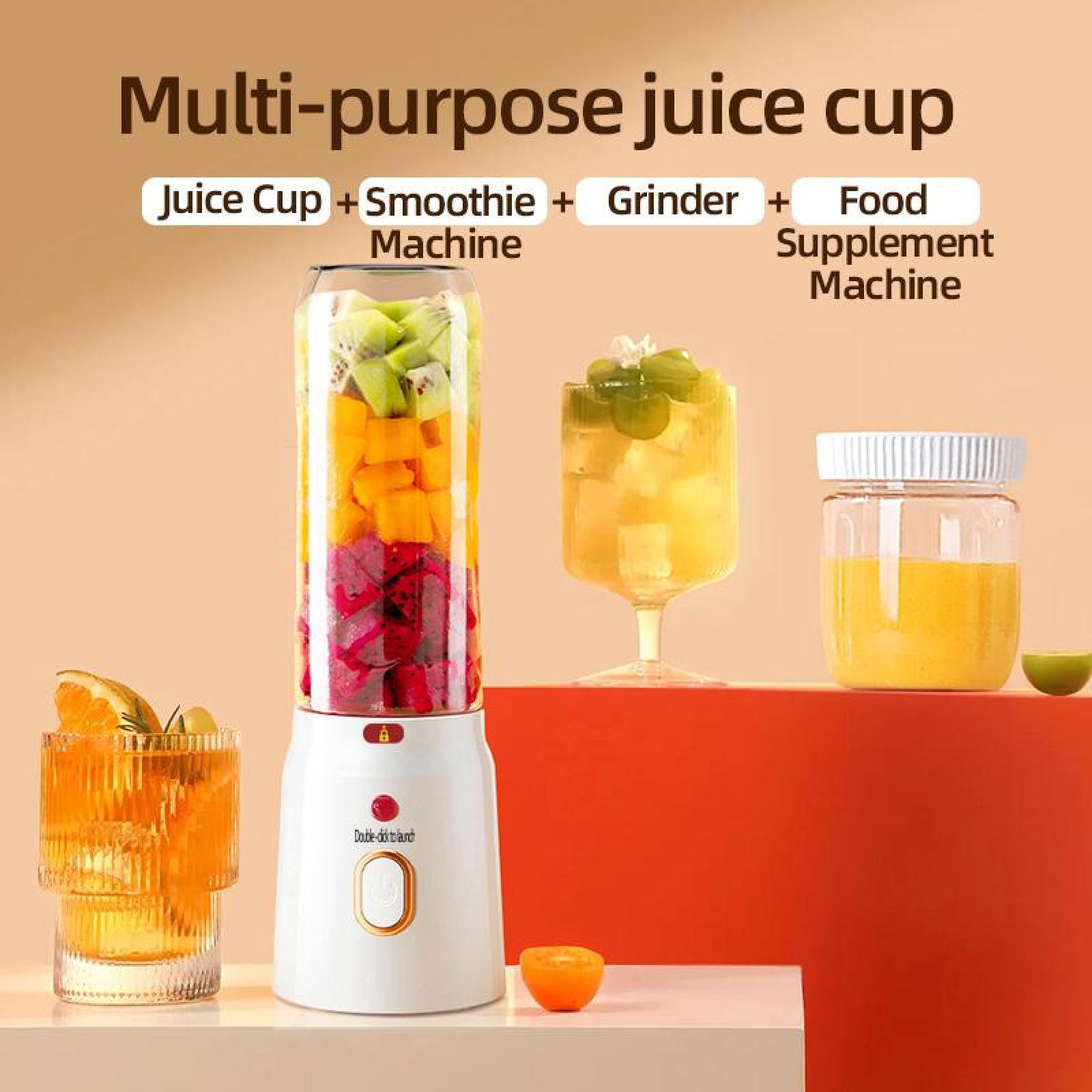 Das Bild zeigt einen Mehrzweck-Saftbecher mit Früchten, Saft, Smoothie und Mixer. Es hat einen weißen Sockel und einen transparenten Becher.