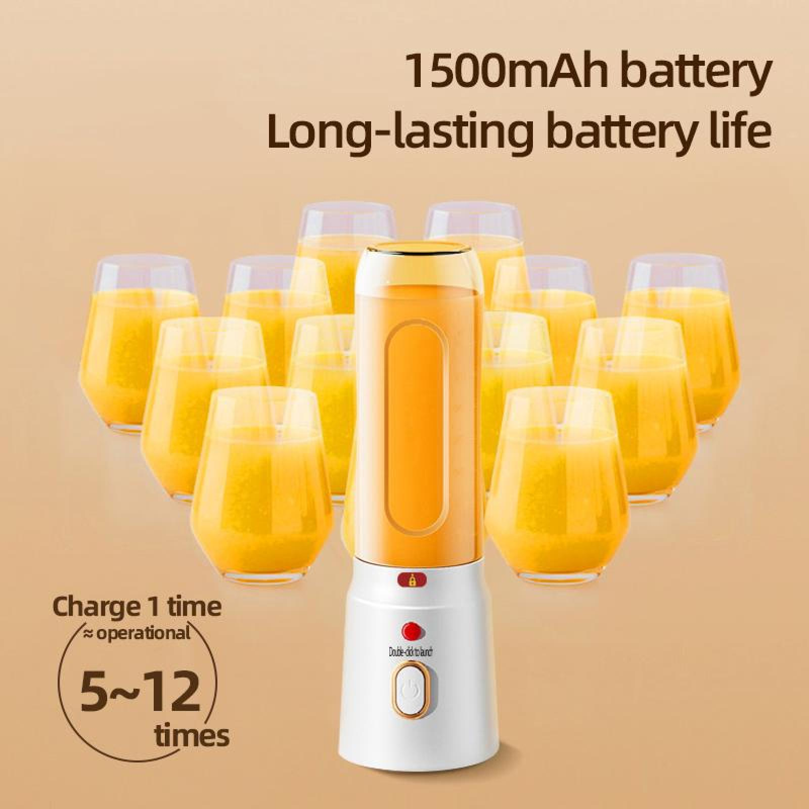Bild zeigt einen Mixer mit Orangensaftgläsern. Text deutet auf lange Akkulaufzeit und Ladefrequenz hin.