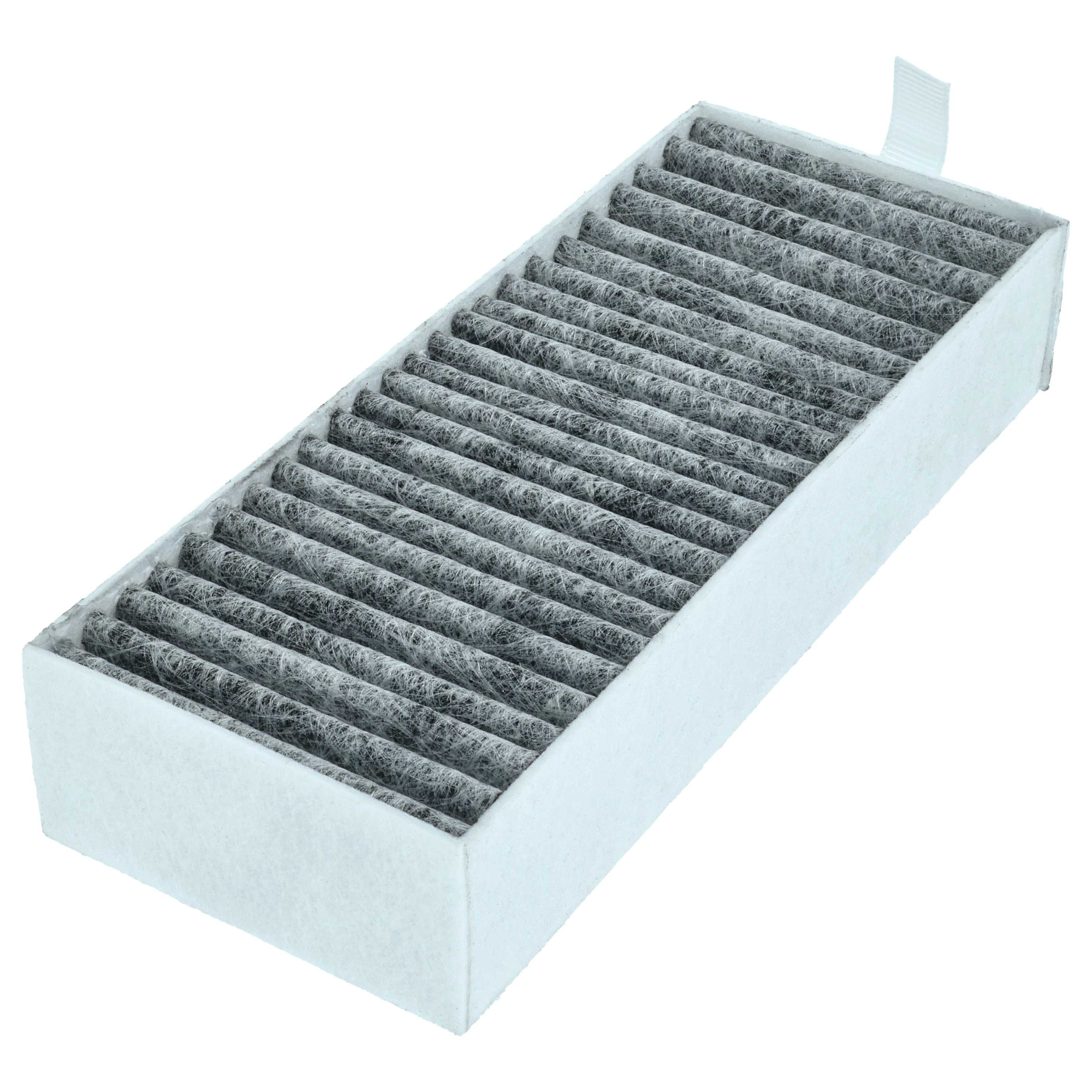 Ein rechteckiger Luftfilter mit grauem Filtermaterial in einem weißen Rahmen. Oben ist eine weiße Lasche.