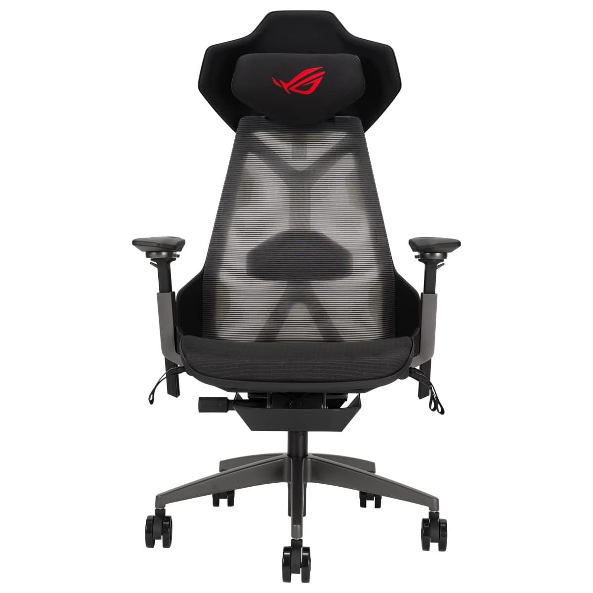 Ein schwarzer ergonomischer Gaming-Stuhl. Er hat eine Netzrückenlehne, verstellbare Armlehnen und das ROG-Logo auf der Kopfstütze. Er steht auf einem Fünf-Sterne-Fuß mit Rädern.