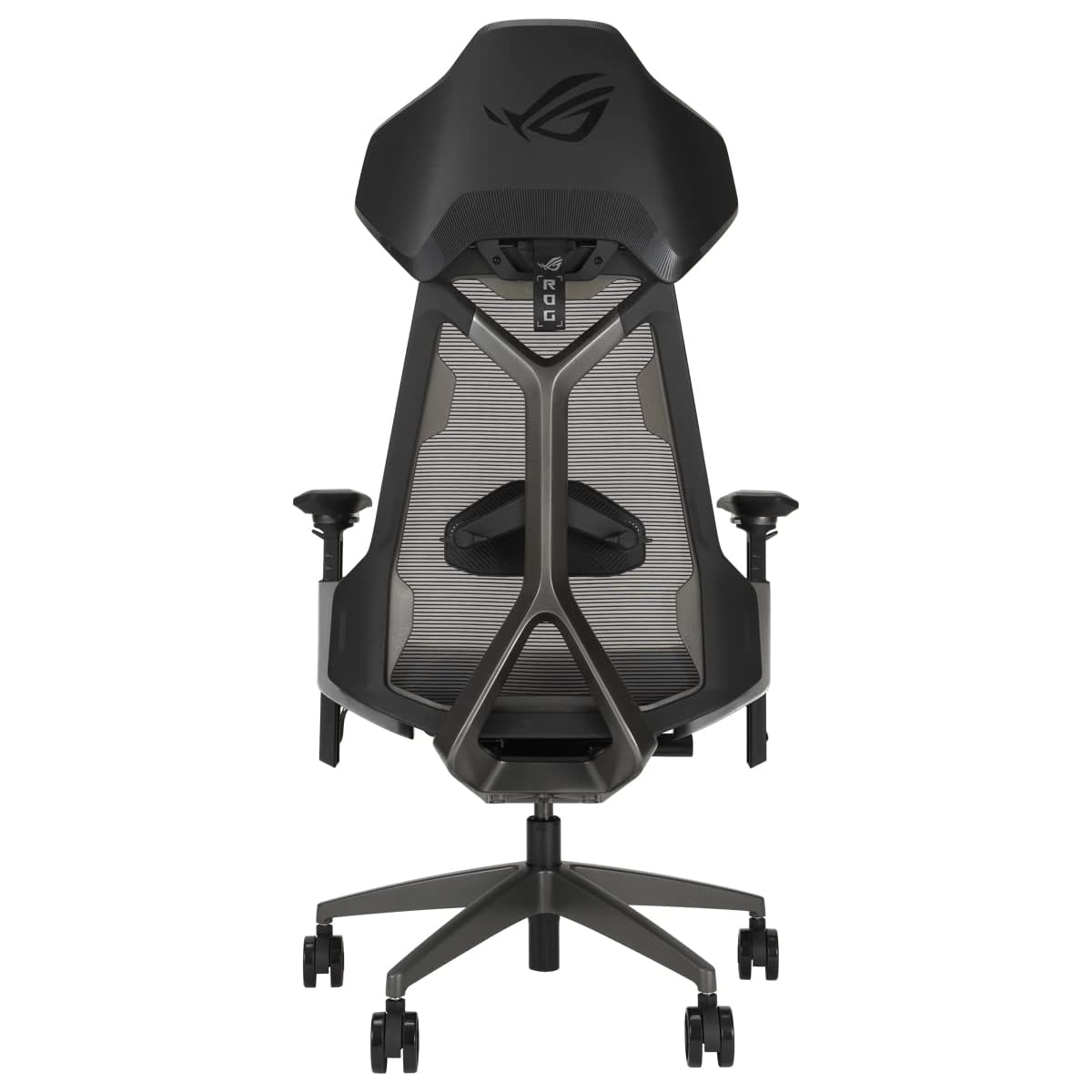 Ein schwarzer und grauer Gaming-Stuhl. Der Stuhl hat eine Kopfstütze, einen Netzrücken, Armlehnen und ein Fünf-Sterne-Gestell mit Rädern. Das ROG-Logo ist sichtbar.