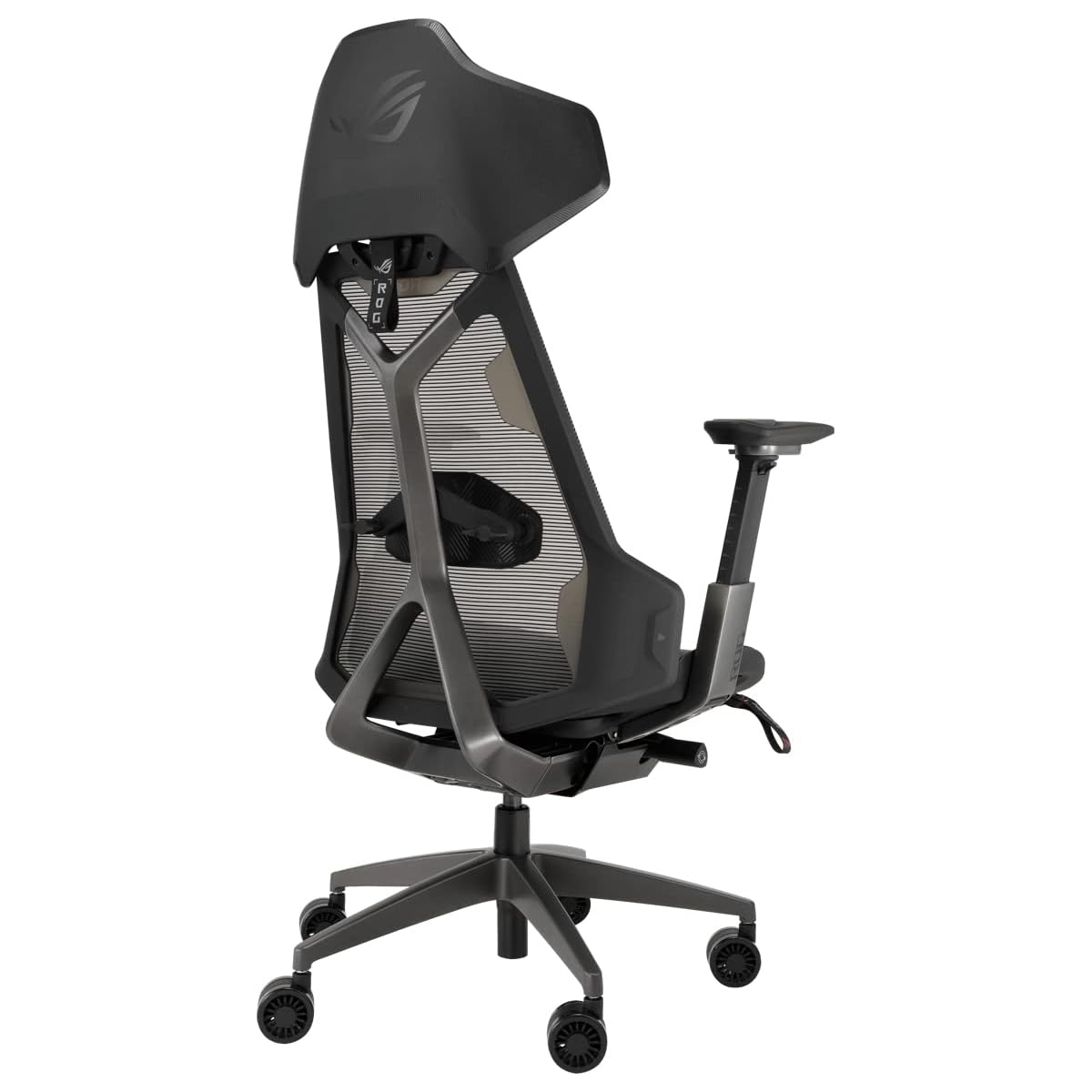 Ein schwarz-grauer Gaming-Stuhl mit hohem Rücken, Netzrücken, verstellbaren Armlehnen und einem Fünf-Sterne-Fuß mit Rädern.