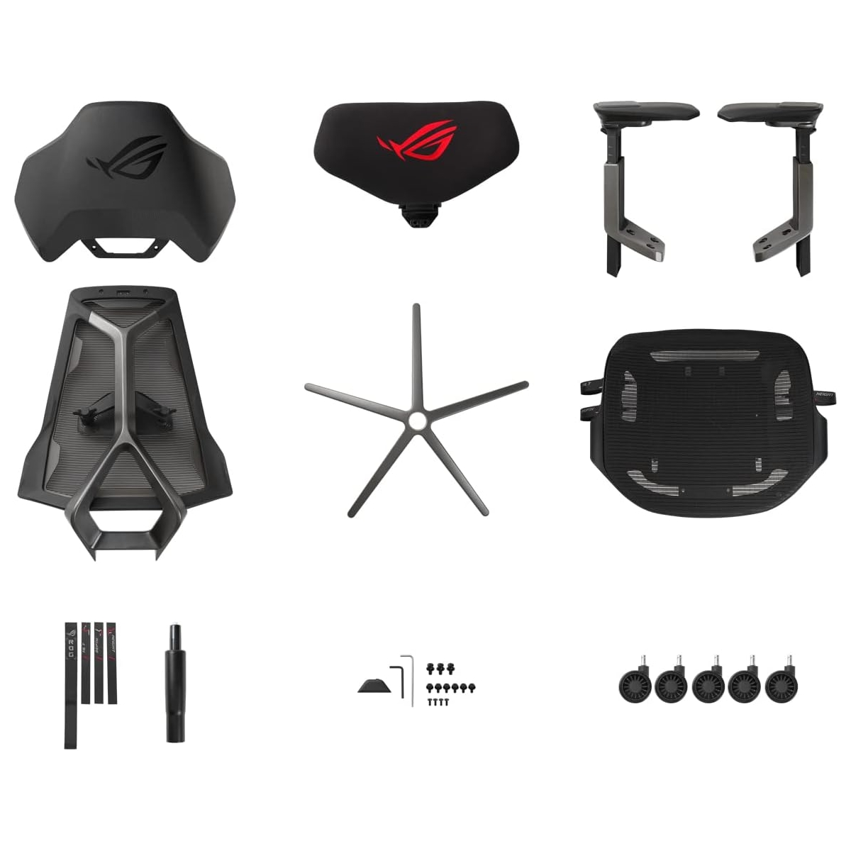 Verschiedene schwarze ROG-Gaming-Stuhlkomponenten: Rückenlehne, Sitz, Armlehnen, Basis, Rückenstütze, Gasdruckfeder, Rollen und Schrauben, alles auf weißem Hintergrund.