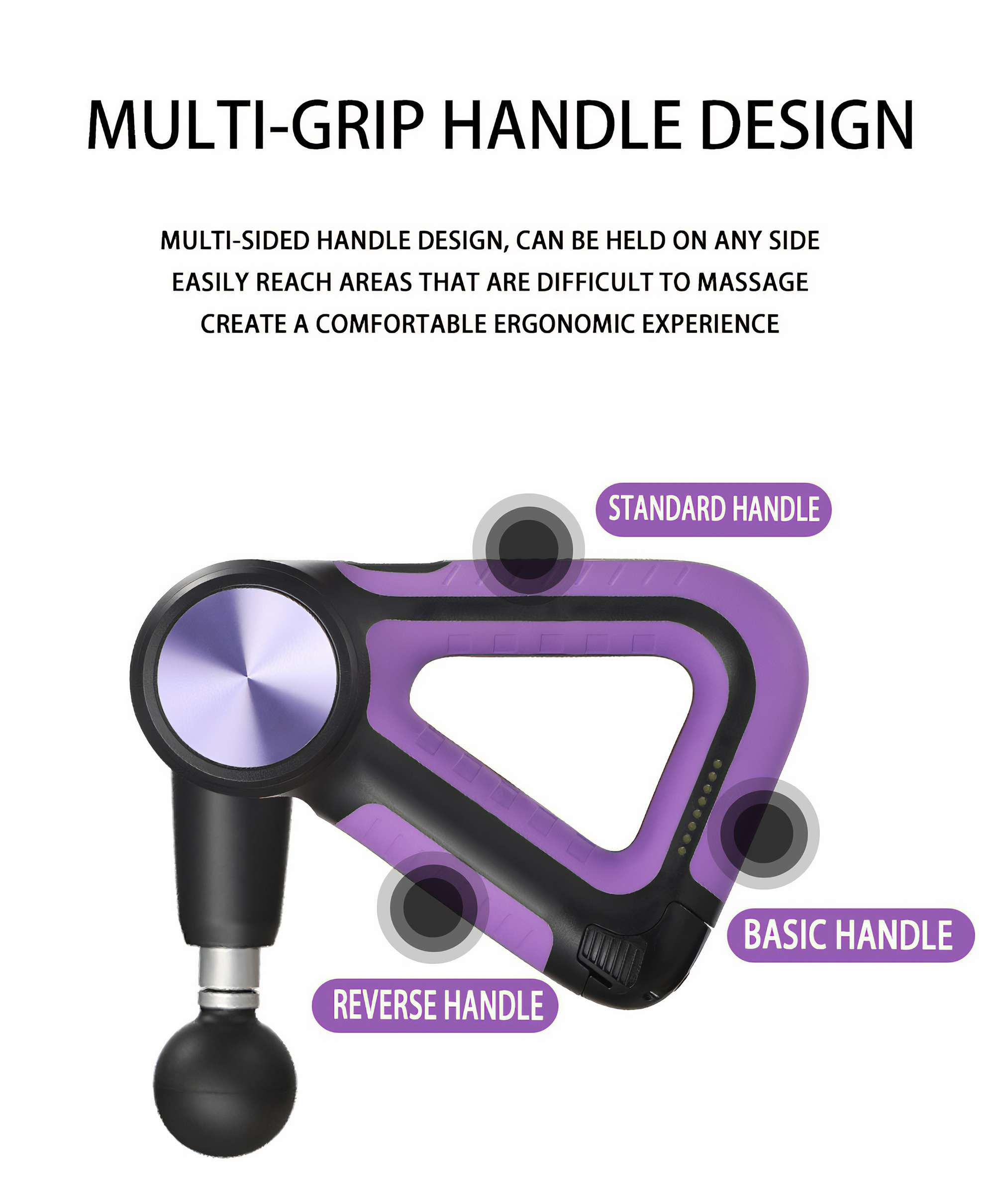 Das Bild zeigt eine Massagepistole mit lila und schwarzem Design. Es hat mehrere Griffoptionen, die als Standard, Basic und Reverse bezeichnet werden.