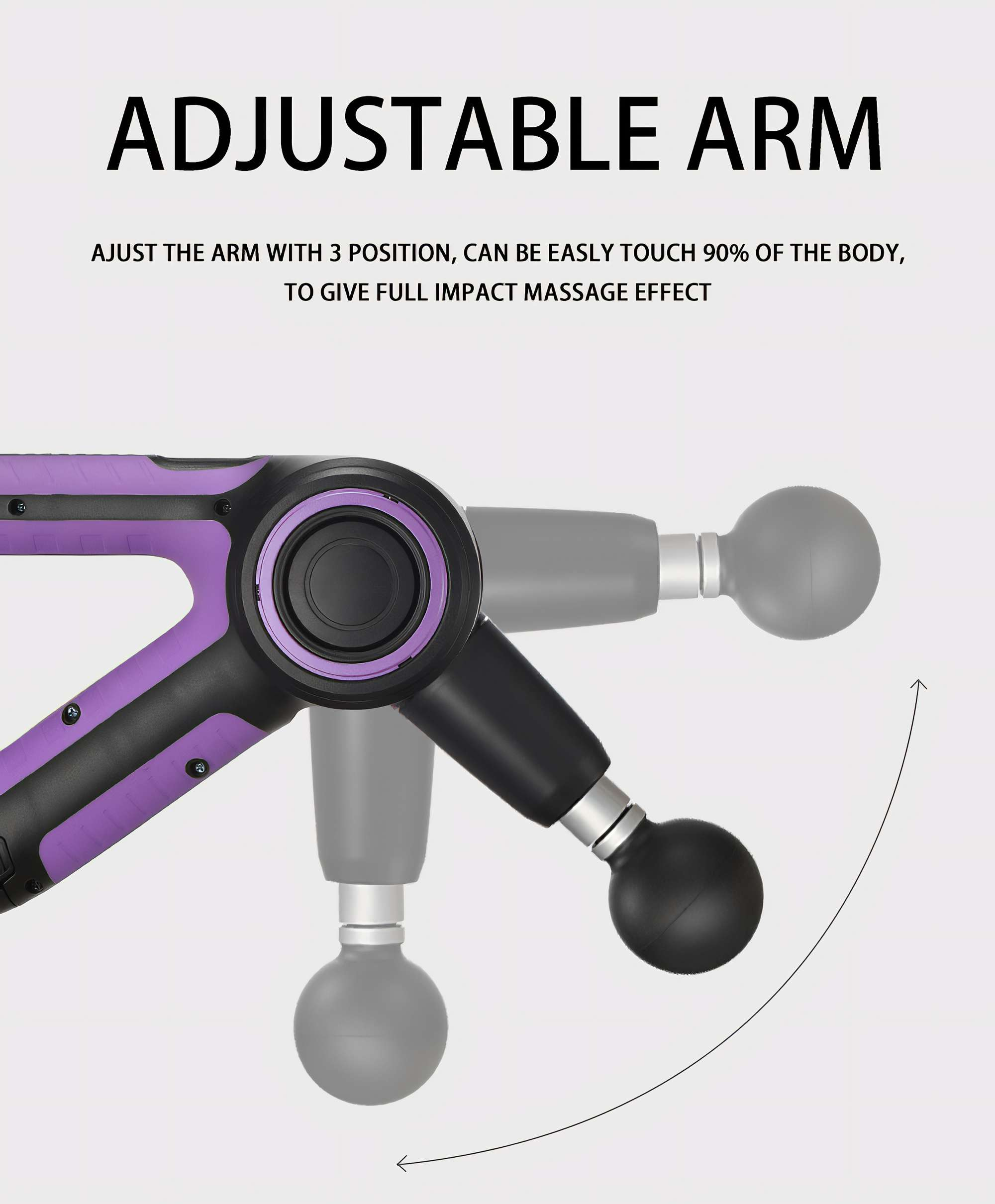 Das Bild zeigt ein Massagegerät mit verstellbarem Arm. Der Text lautet: EINSTELLBARER ARM und beschreibt seine Funktion.