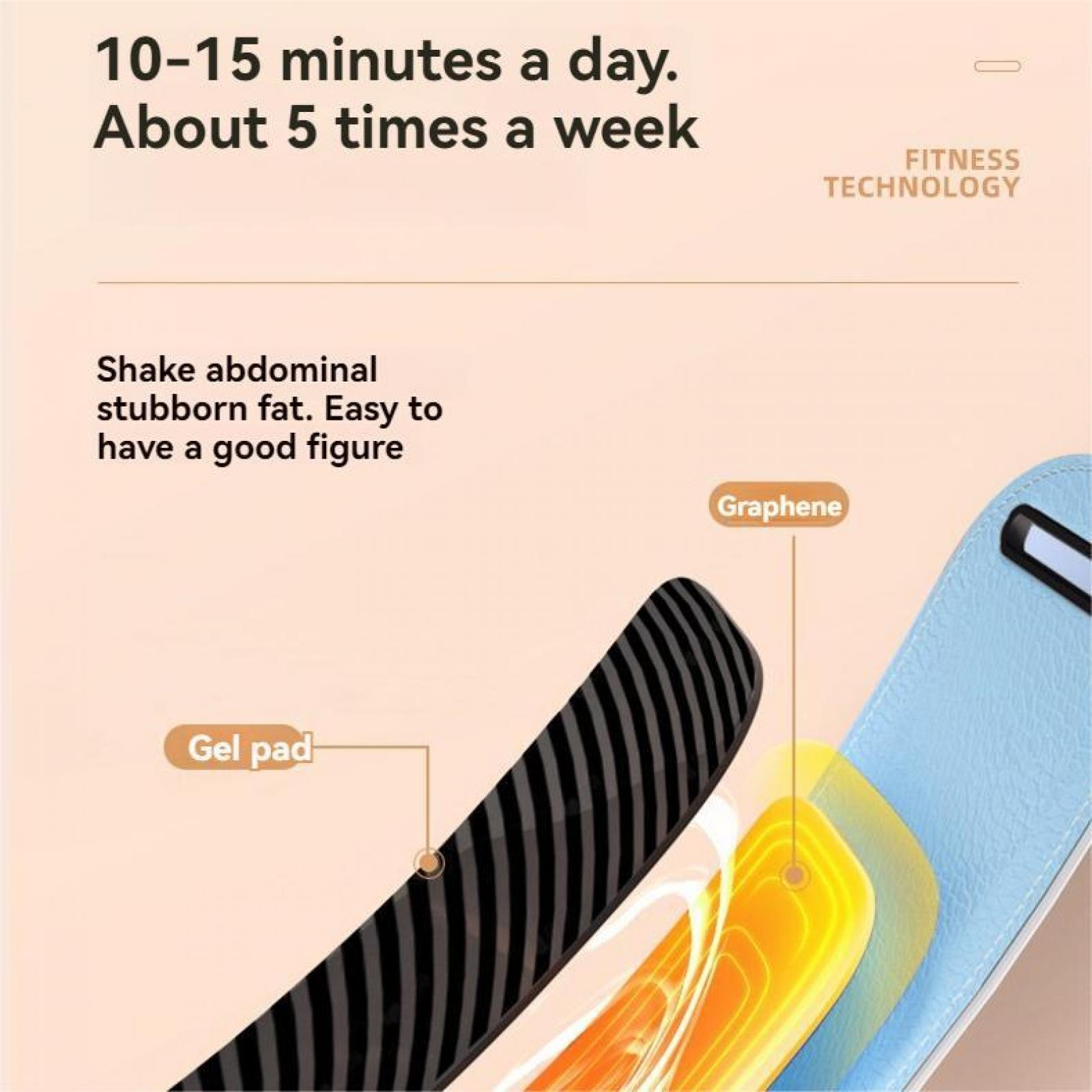 Das Bild zeigt Text über Fitness-Technologie, Gel-Pad und Graphen. Es wirbt für das Schütteln von Bauchfett für eine gute Figur.