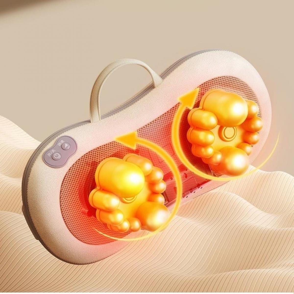 Ein rosa-graues Massagegerät mit zwei goldenen Massageköpfen. Pfeile zeigen die Bewegung an. Knöpfe sind sichtbar. Ruht auf einer beigen Oberfläche.