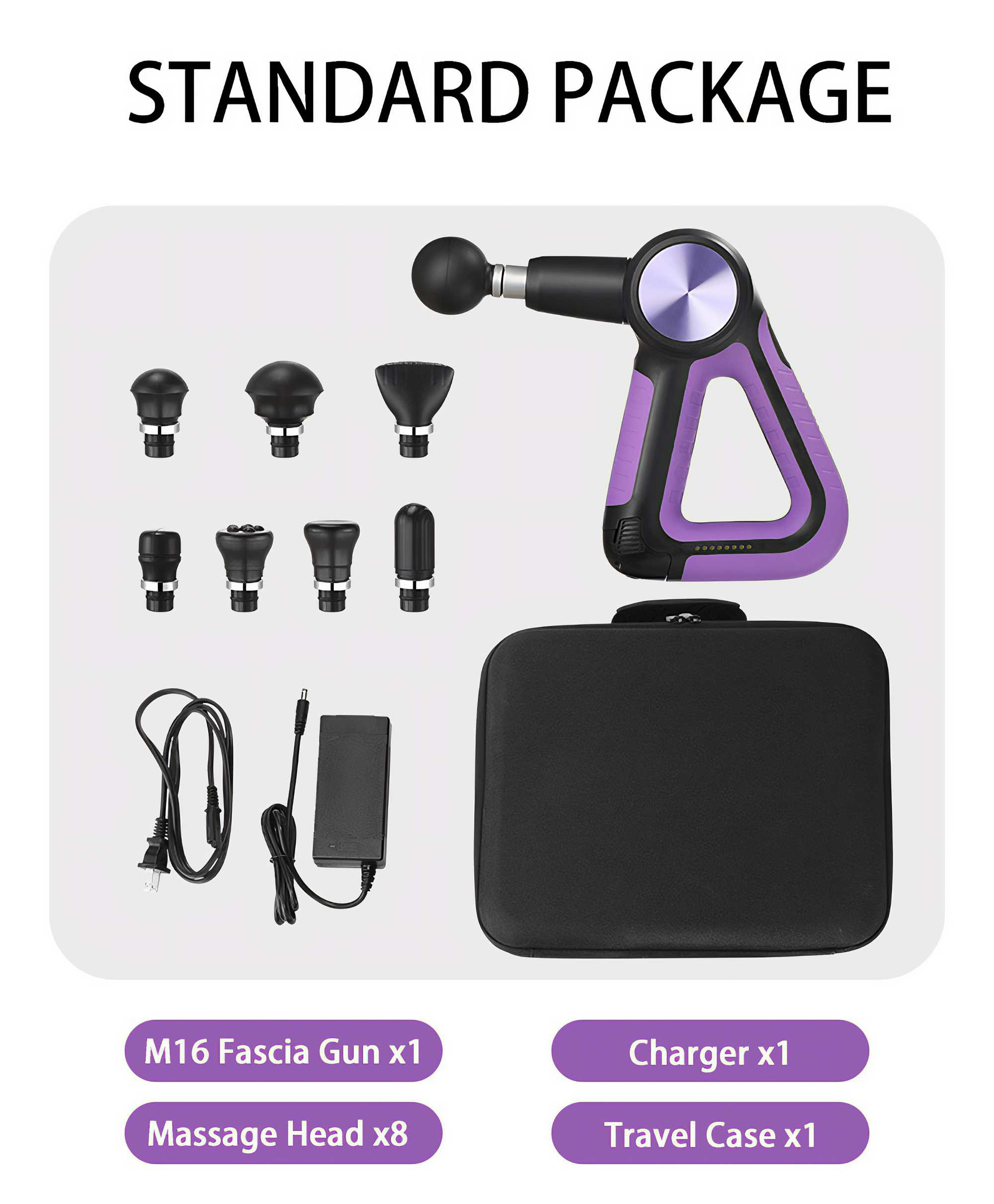 Ein Standardpaket enthält eine Faszienpistole, ein Ladegerät, 8 Massageköpfe und eine Reisetasche.