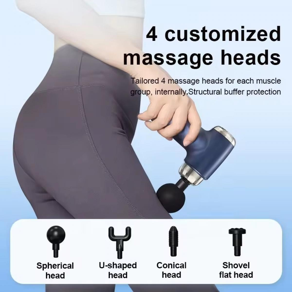 Eine Person hält eine Massagepistole, darunter sind 4 austauschbare Köpfe abgebildet. Die Pistole ist blau und schwarz.